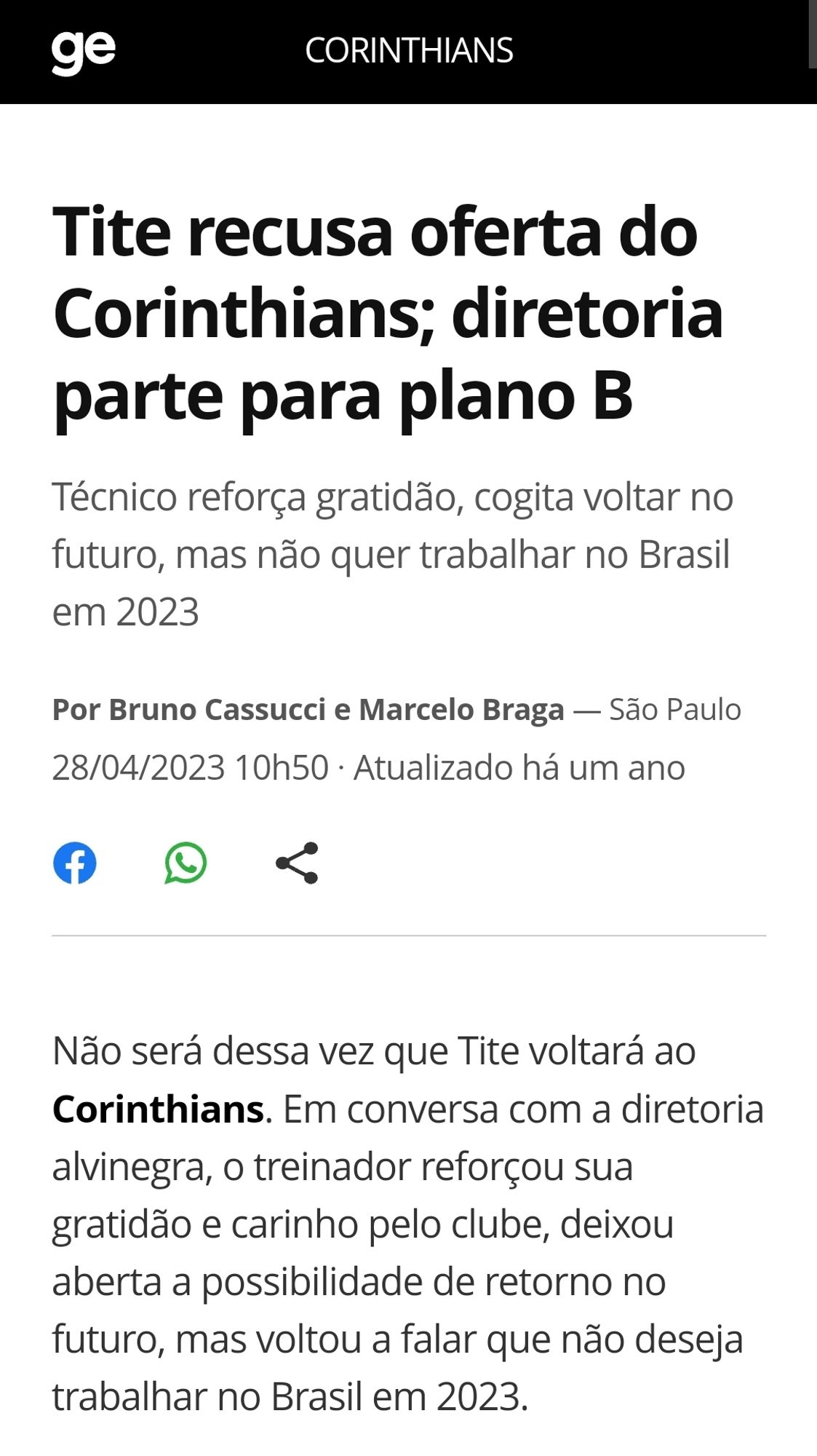 Chamada de 28/04/23 do Tite recusando oferta do Corinthians