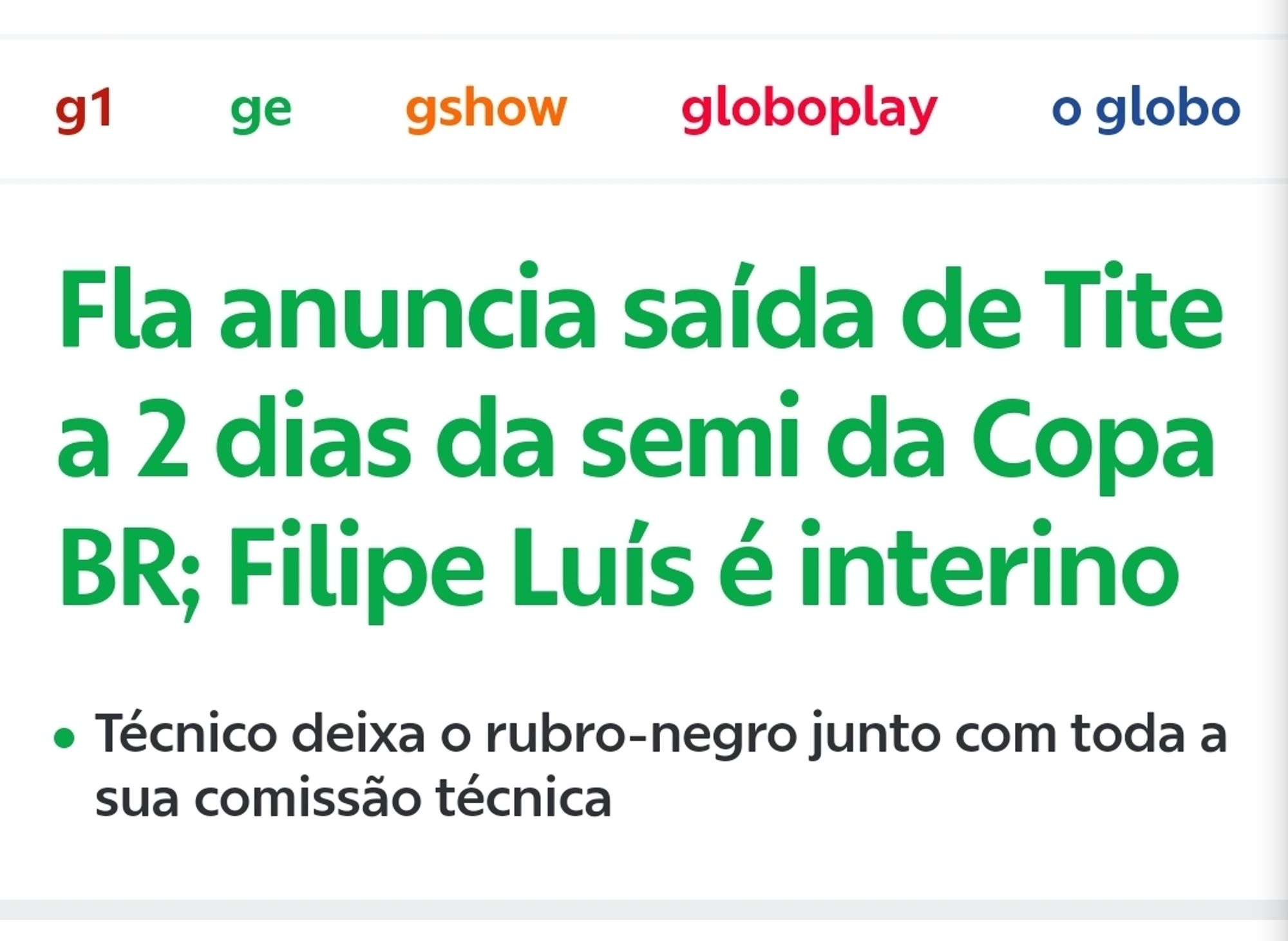 Home da globo.com do dia 30/09/24 anunciando a demissão do Tite