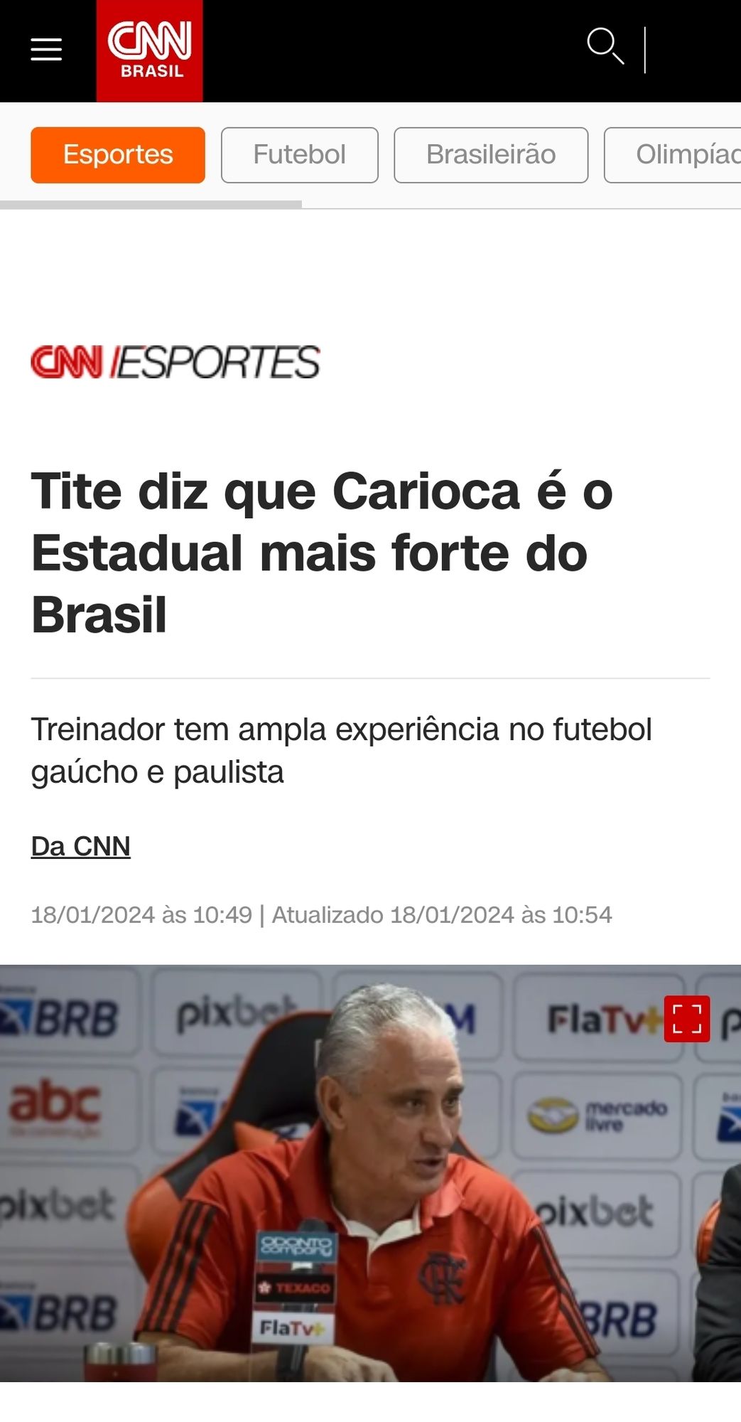 Chamada do dia 18/01/24 do Tite dizendo que Carioca é o Estadual mais forte