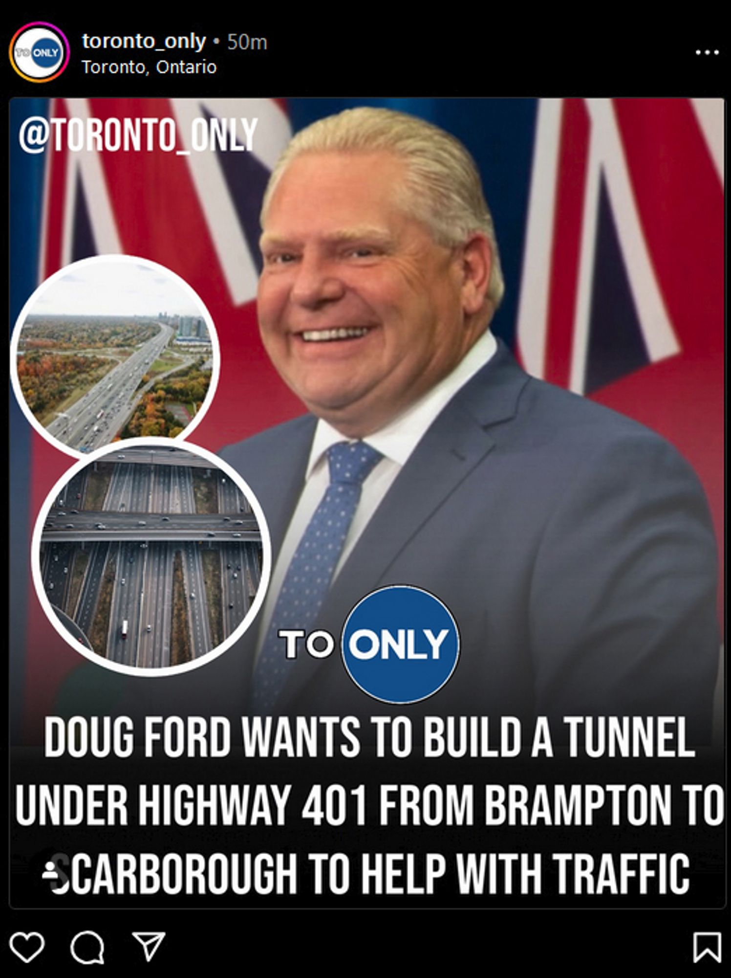 Screen Shot from Instagram of a smilin' Doug "Duggy" Ford and his announcement of the notion to build a money hole... sorry, I mean a disastrous flood attractor... sorry, I mean absolutely not thought out tunnel between Scarborough and Brampton... these are in The Greater Toronto Area.