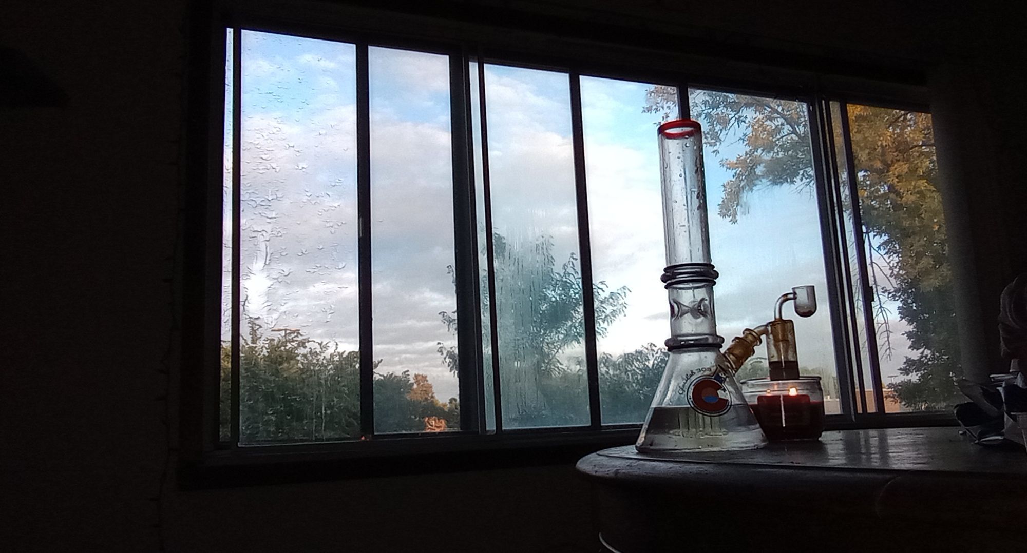 my favorite bong sitting in front of a large window, the trees outside are changing with the fall season