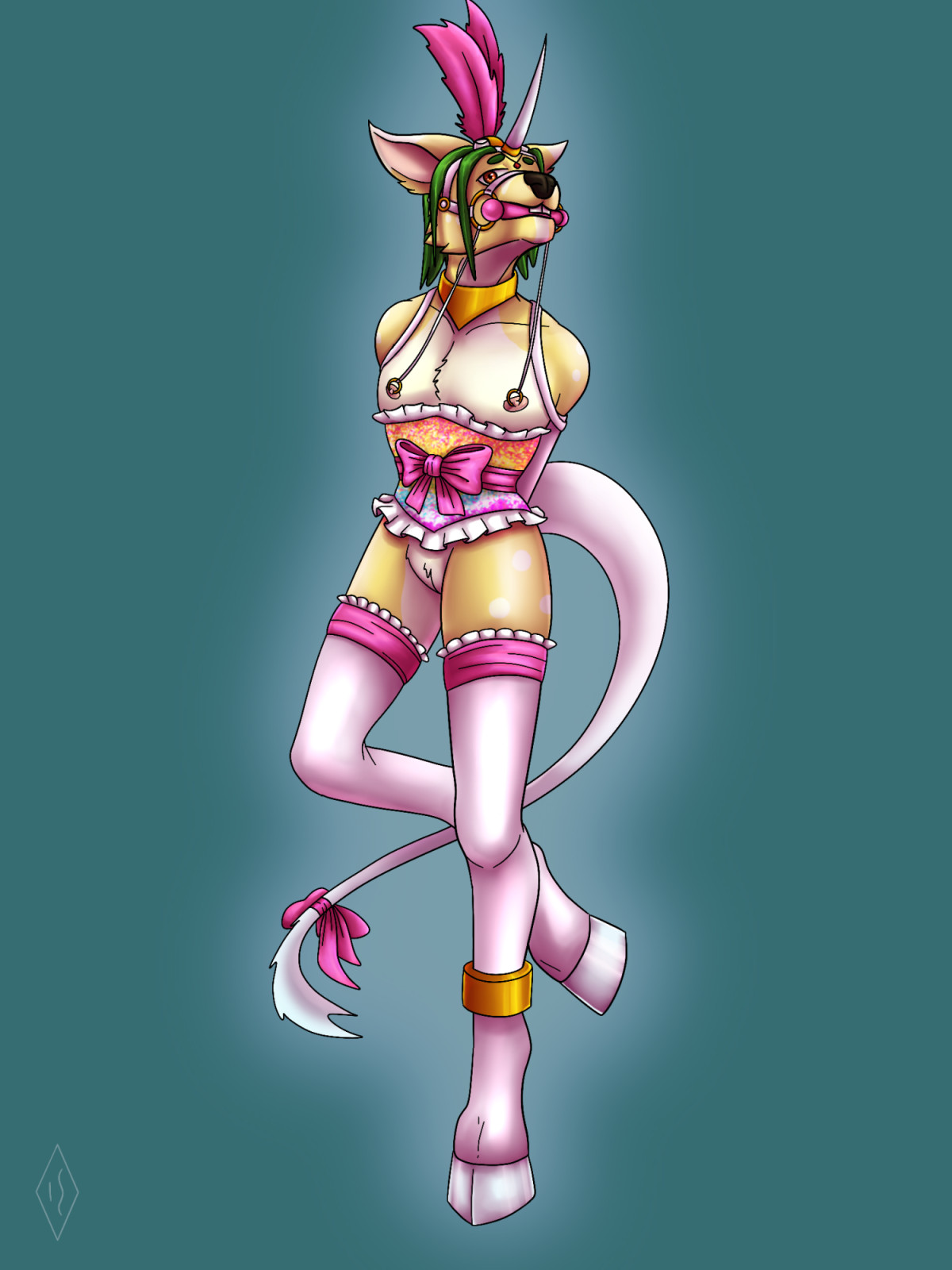 a yellow anthro deer dressed in unicorn themed ponyplay gear