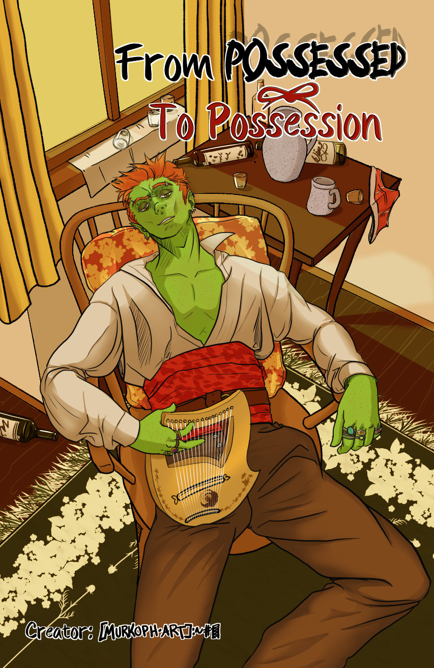 Digital comic cover work for "From Possessed To Possession, Creator Murkoph_Art". The image is a yellow warm tone room with sunlight pouring into the window on a green-skinned wood elf, Ferris, sitting in a wooden chair. There's a table and window sill covered in empty shot glasses, liquor bottles, a pitcher, and a discarded pair of sexy red underwear. Ferris himself is clothed, sitting with his lyre idyll in hand, and smiling either dreamily or drunkenly.