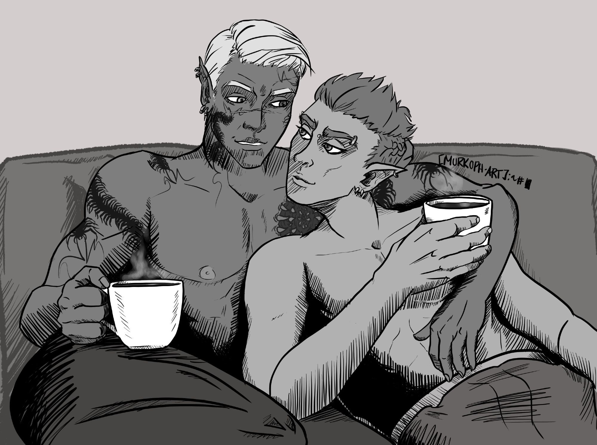 Digital greyscale of two elves, Szelek and Ferris, snuggling in sweats on the couch. Both have steaming mugs of tea or hot cocoa and are smiling at each other as they enjoy each others' company.