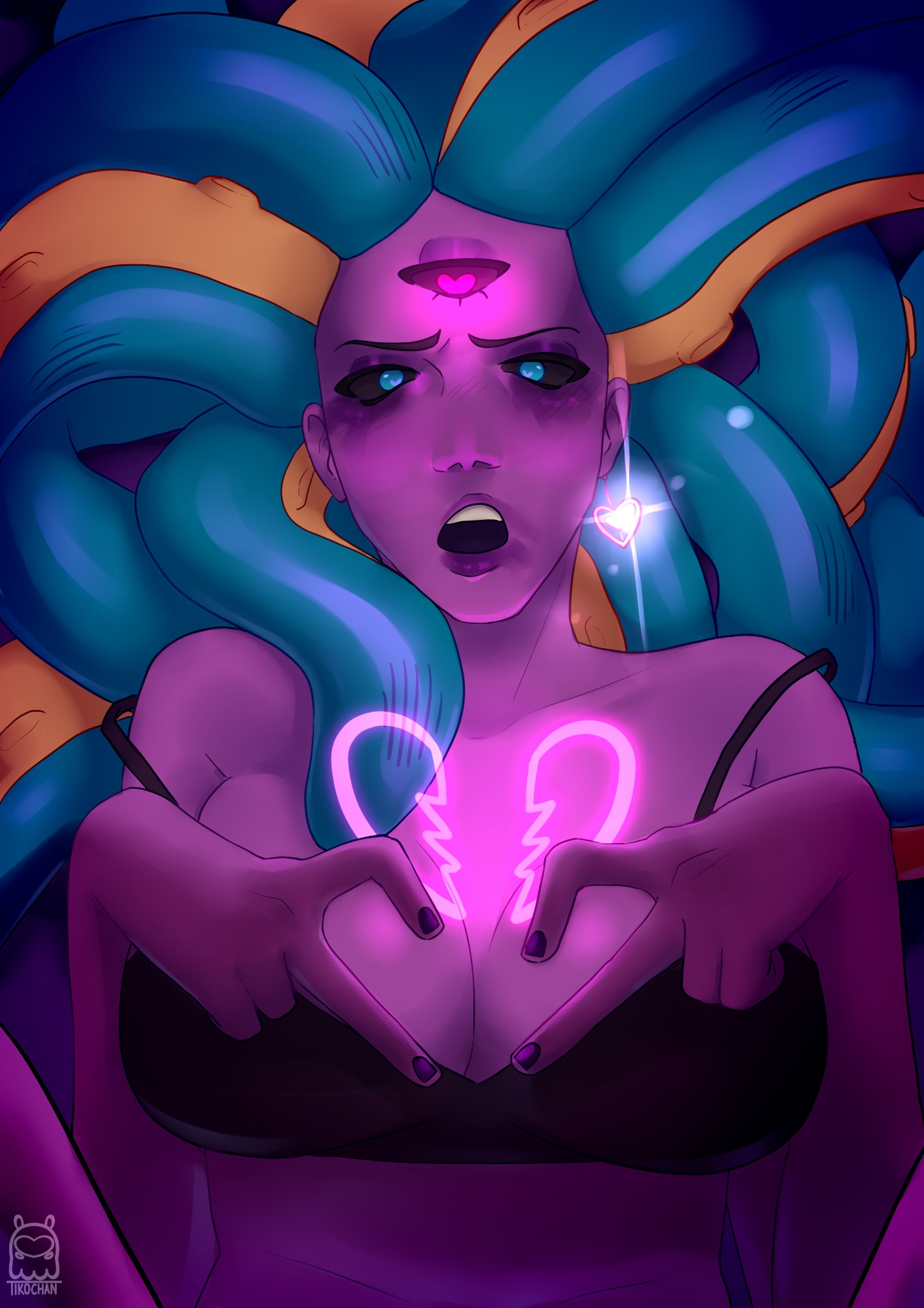 Digital art of original character, Tenta with smeared makeup in the dark showing a glowing broken heart