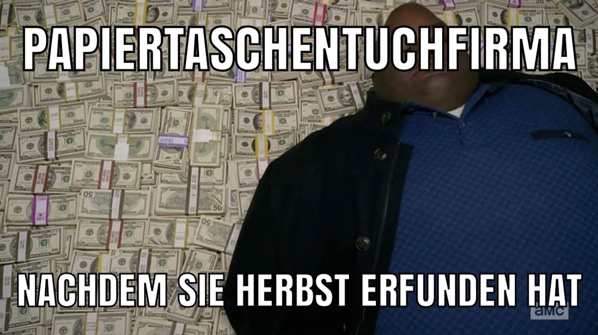 Meme template aus breaking bad mit dem schwarzen henchman der auf einem großen Haufen Geldscheinen schläft.
Text: Papiertaschentuchfirma nachdem sie Herbst erfunden hat.