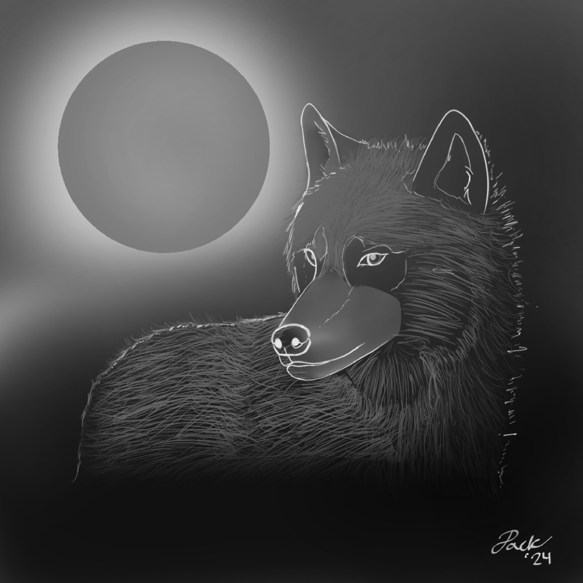 Wolf outlined in silver with prominent silver fur enveloped in a black fog and silhouetted by a semi-dark full moon. (greyscale) Fur and fog is more prominent than in the first version.