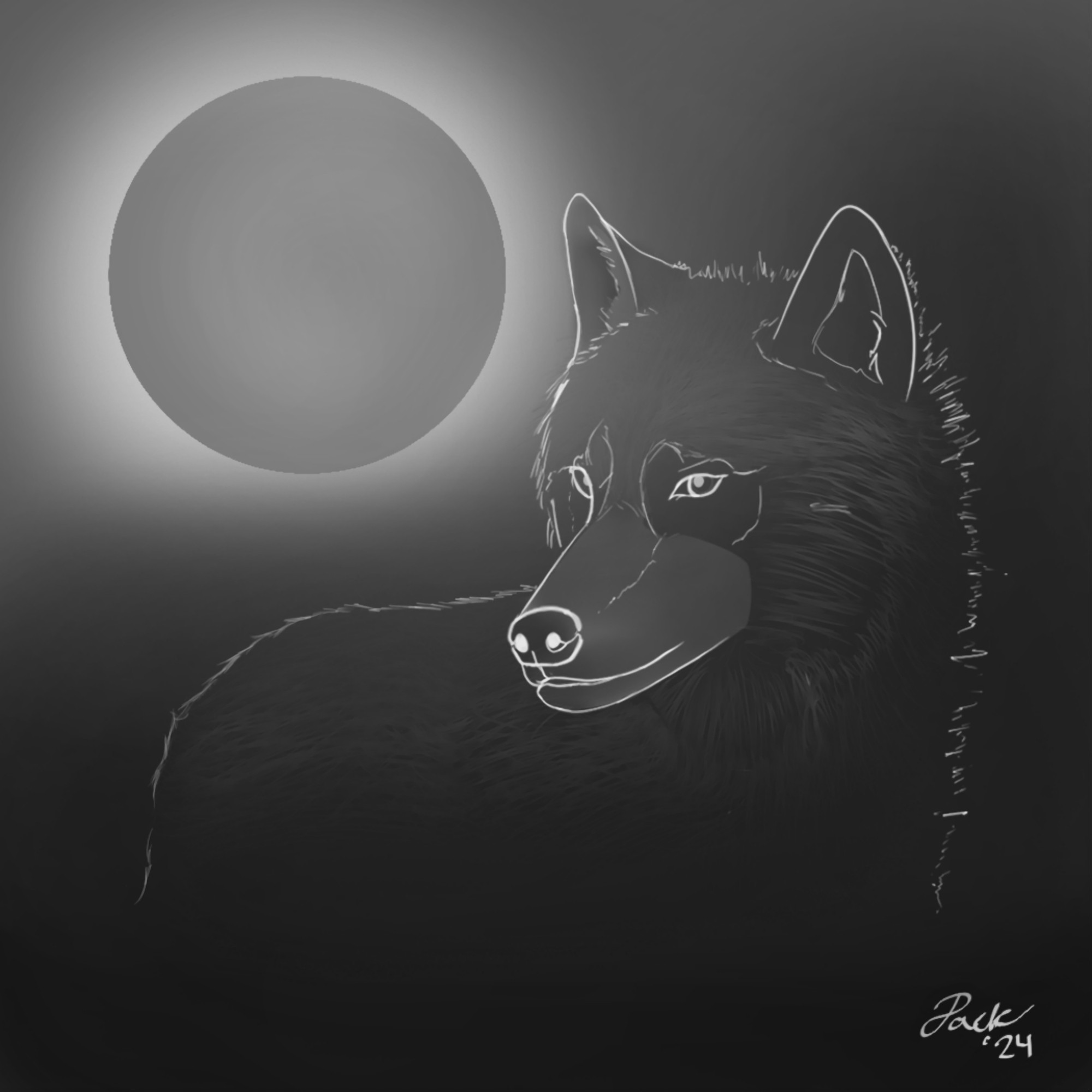 Wolf outlined in silver, fur barely visible, enveloped in dark grey fog and silhouetted by a semi-dark full moon (greyscale).