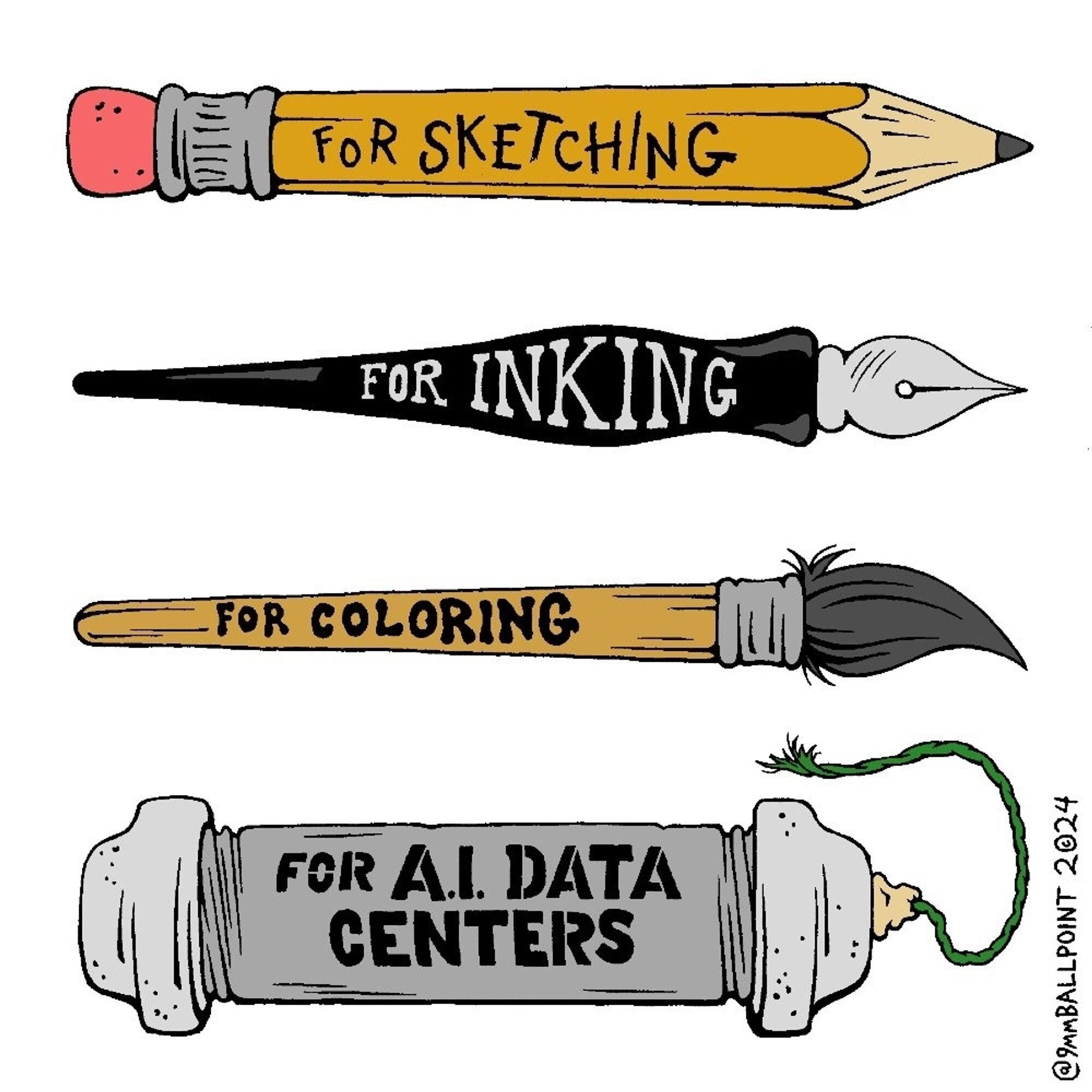 comic showing a pencil for sketching, a pen for inking, a paintbrush for coloring, and an explosive for ai data centers