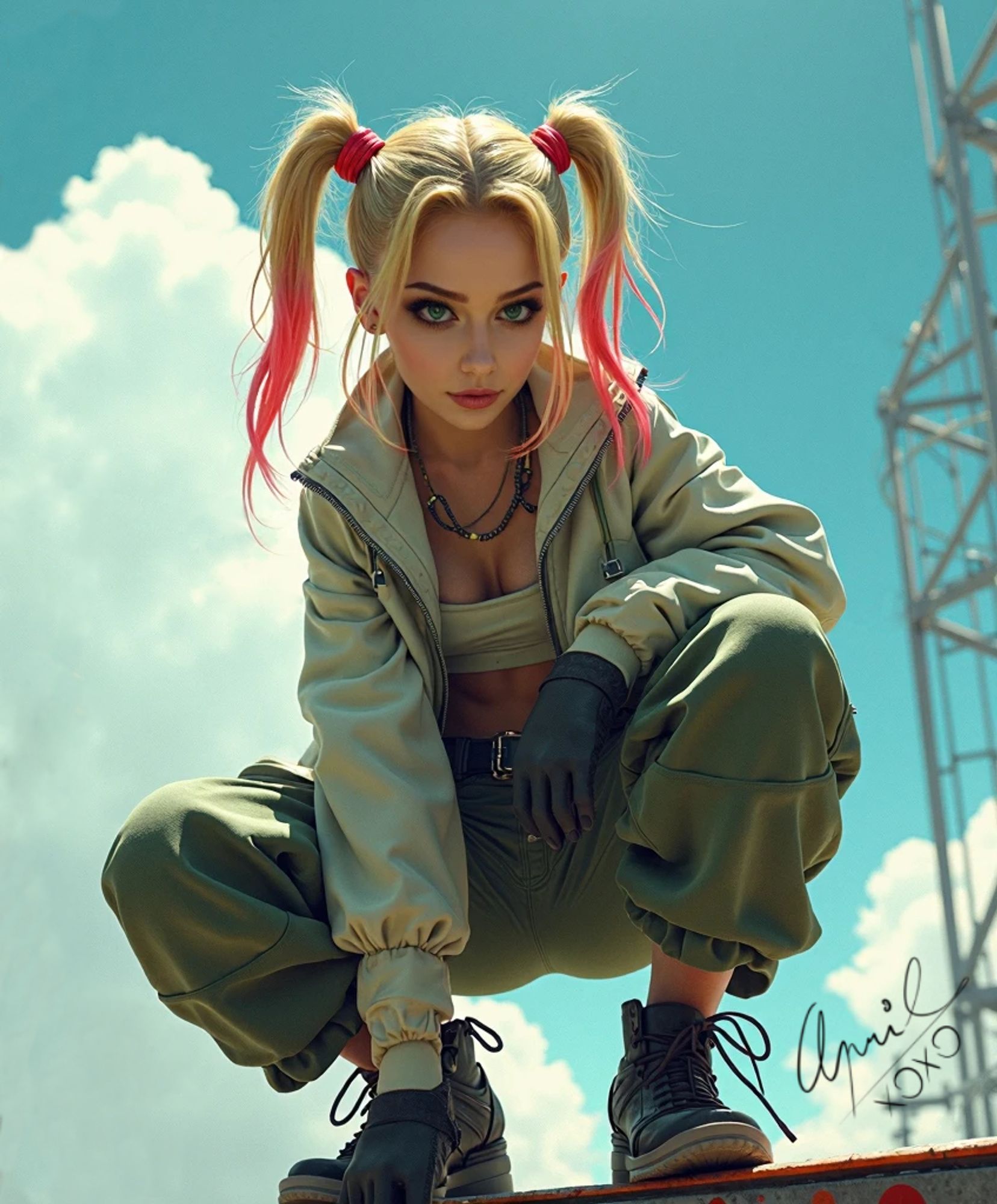 fierce-looking girl with blonde hair styled in two high pigtails with red tips. She’s crouching on a rooftop in the sun, wearing cargo pants and a tactical jacket. Her intense expression and action-ready stance reflect determination and energy, with a bright blue sky behind her