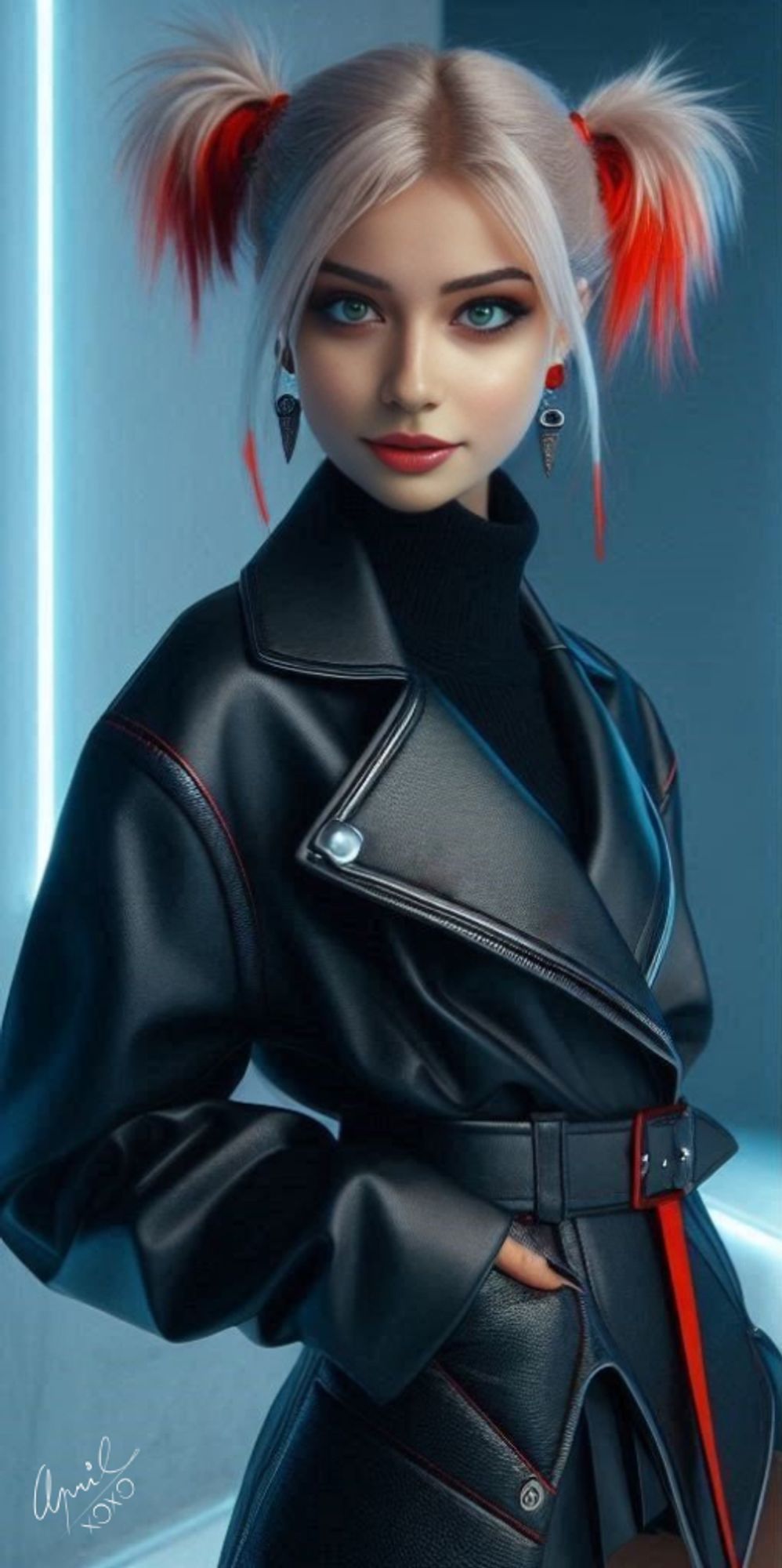 young woman with blonde hair and red tips styled in pigtails is wearing a sleek, futuristic black leather coat with red accents. She stands confidently, giving off strong Cyberpunk vibes, against a backdrop of neon lights. The fashion choice feels bold and edgy, blending geek culture with high fashion