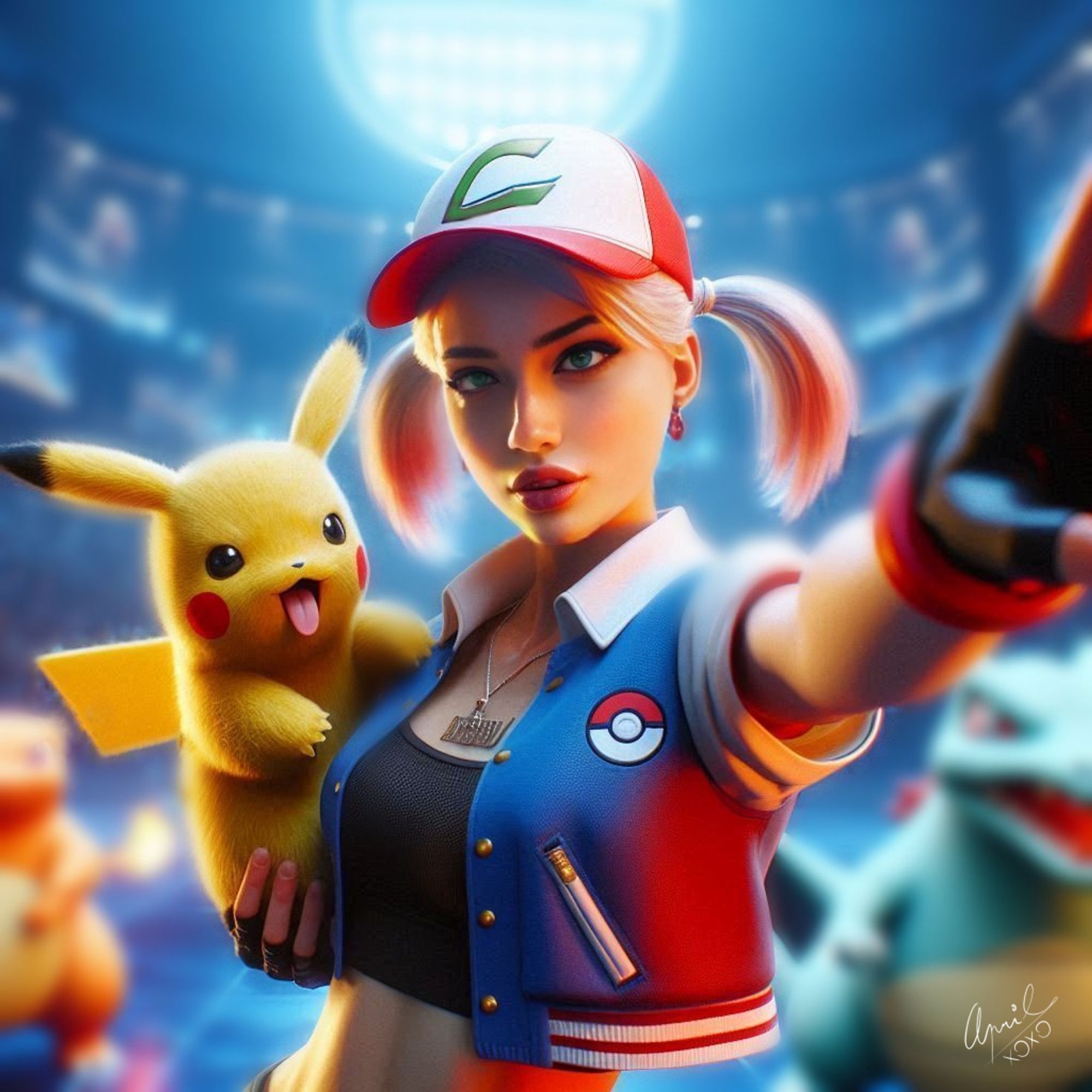 young Pokémon trainer with pastel pink hair tied into two pigtails, wearing a red and white cap with the iconic Pokémon symbol. She is dressed in a blue jacket with a Pokéball logo and black gloves. In her arms, she holds an adorable Pikachu, who is smiling with its tongue out. The trainer is taking a selfie in a stadium, with other Pokémon and the glowing lights of the arena in the background