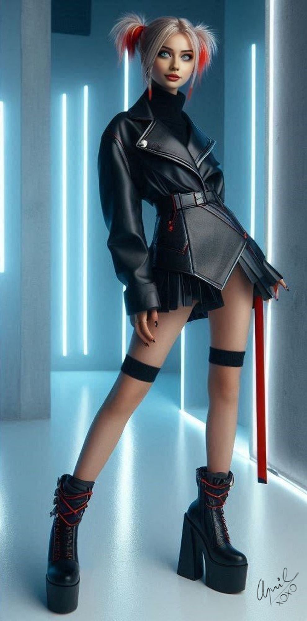 stylish young woman with blonde hair in pigtails, featuring red tips, is wearing a black leather coat with red accents. She stands confidently in a futuristic, neon-lit setting, embodying a bold fusion of Cyberpunk style and modern fashion with a geeky twis