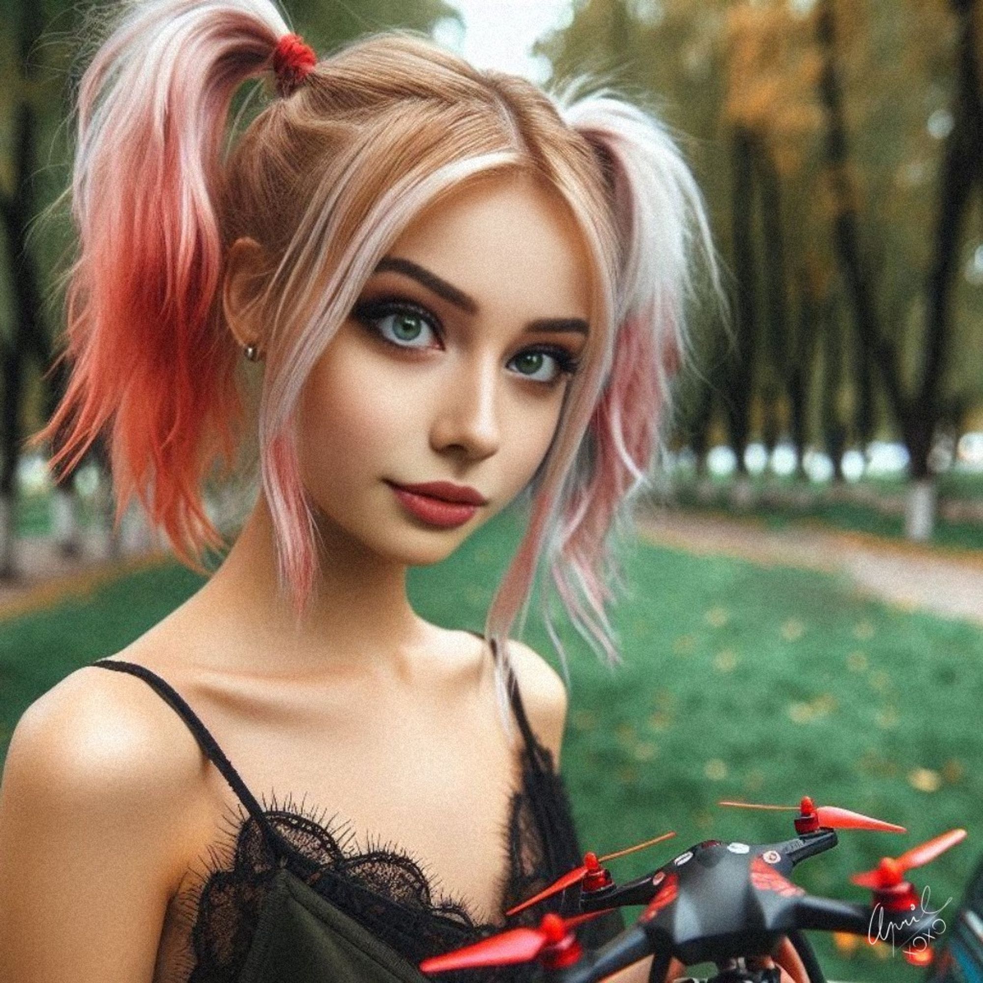 Girl with red pigtails holding a black and red drone in a park. She has bold eye makeup and a gentle smile, standing on a path between trees, evoking the feeling of a summer day full of adventures with modern technology