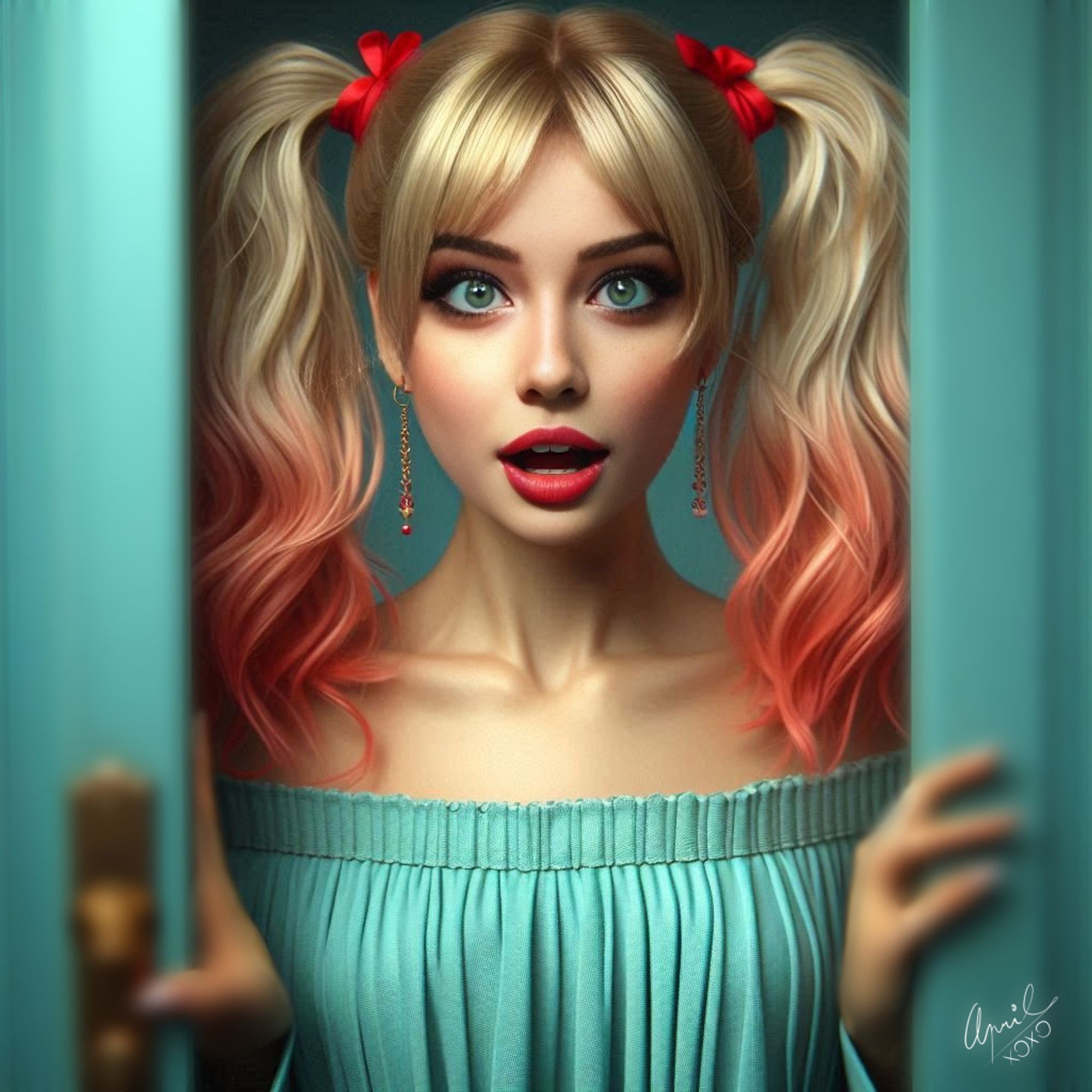 surprised girl with blonde hair in two pigtails, with red tips and red bows, opens a door with wide, curious eyes. She's wearing a teal off-shoulder top and looking excited as if she's found a hidden surprise or Easter egg. The background is slightly blurred, making her expression and hair pop