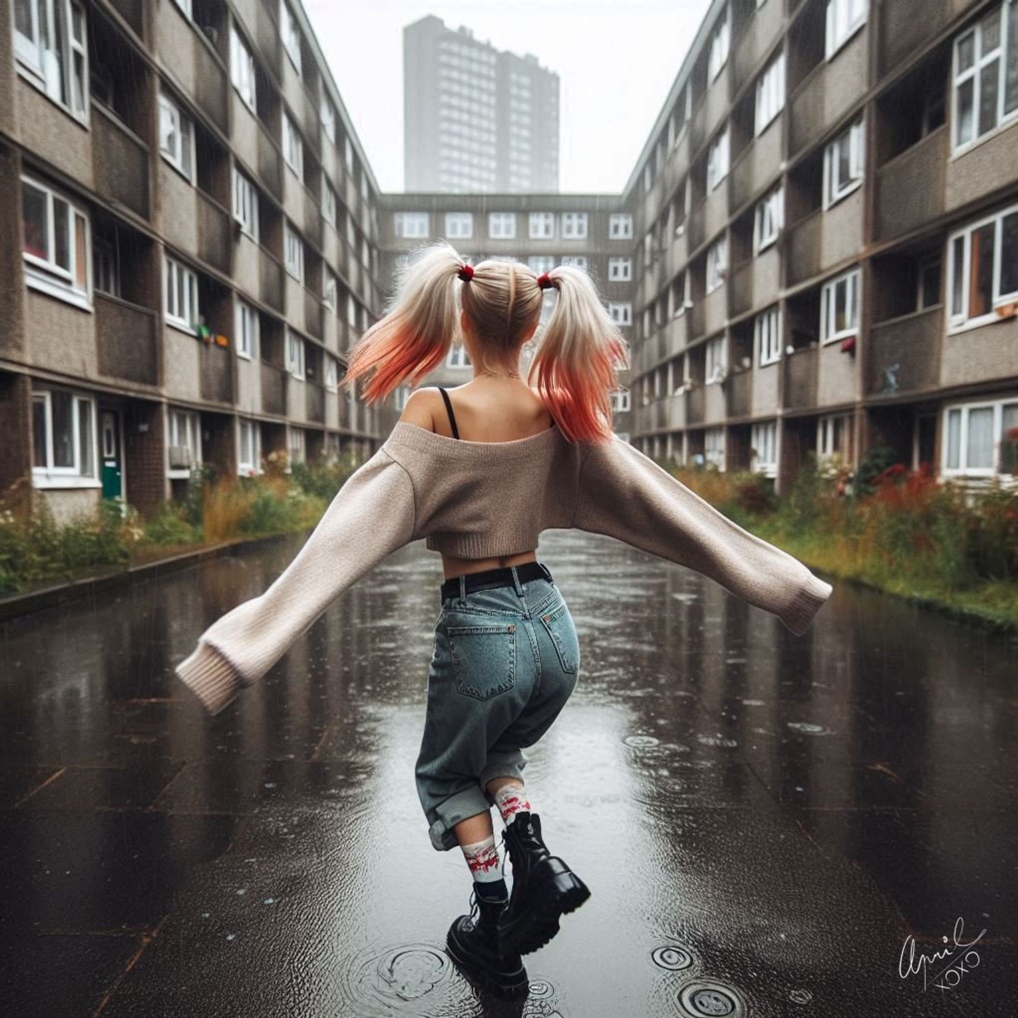 girl with blonde hair and red tips tied into pigtails is joyfully running through the rain in an urban courtyard. Her back is facing the camera as she spreads her arms wide, embracing the moment, with raindrops splashing around her boots. The scene feels energetic and carefree