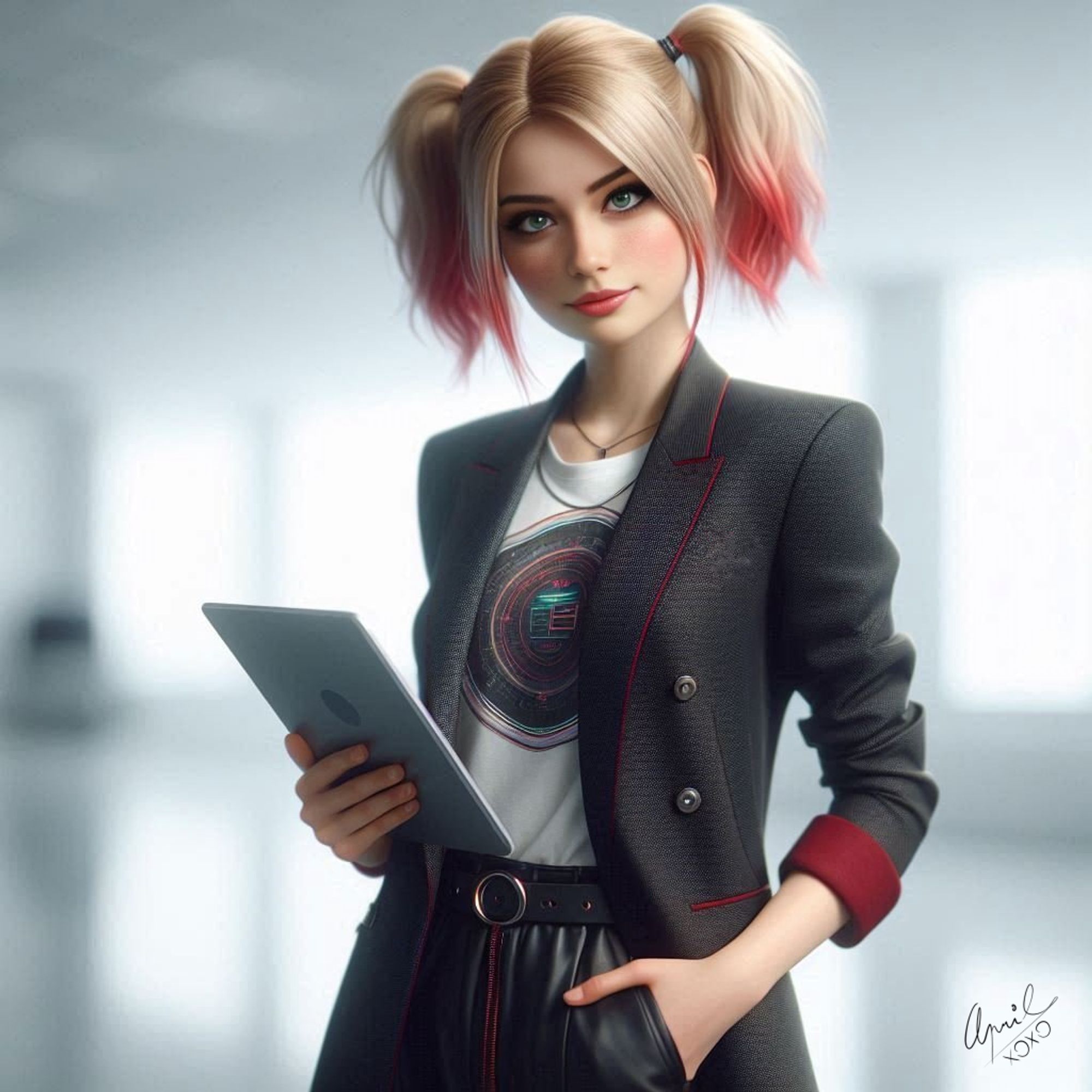 confident young woman with blonde hair in two short ponytails with red tips, standing in a bright office hallway. She’s holding a tablet and dressed in a stylish blazer over a geeky t-shirt, blending professional and geek aesthetics