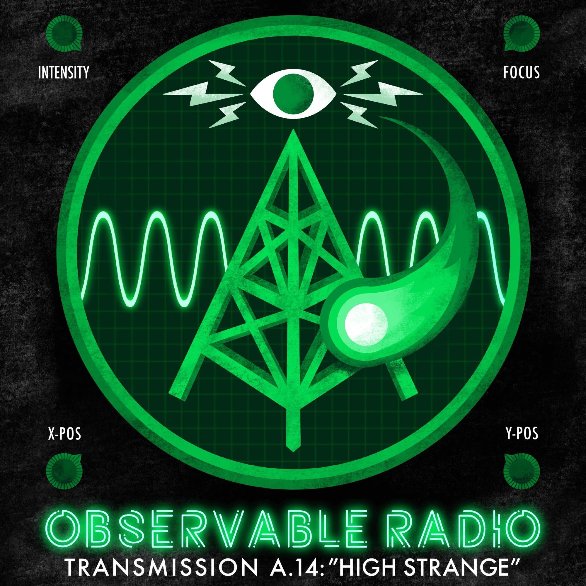 The cover to the podcast Observable Radio featuring a stylized green radio tower, a comet, a sine wave, and an eye. The text reads: Transmission A.14: "High Strange"