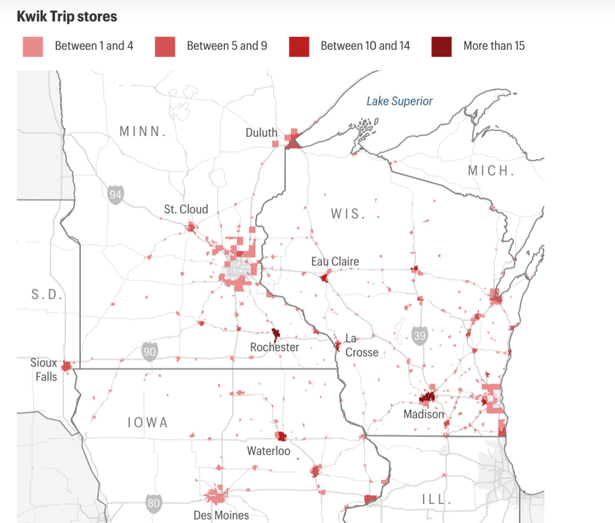 Map of Minnesota, Wisconsin and Iowa showing density of Kwik Trip convenience stores. They are dense  in Madison, Waterloo, Des Moines, Duluth and third- and fourth-ring Twin Cities suburbs.