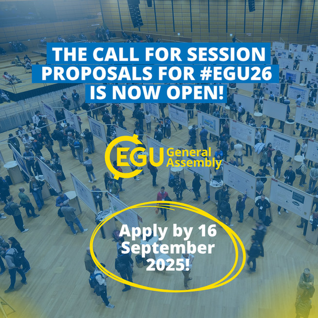 Image description: A crowded conference hall with attendees. With text reading:" The call for session proposals for #EGU26 is now open! Apply by September 16, 2025."