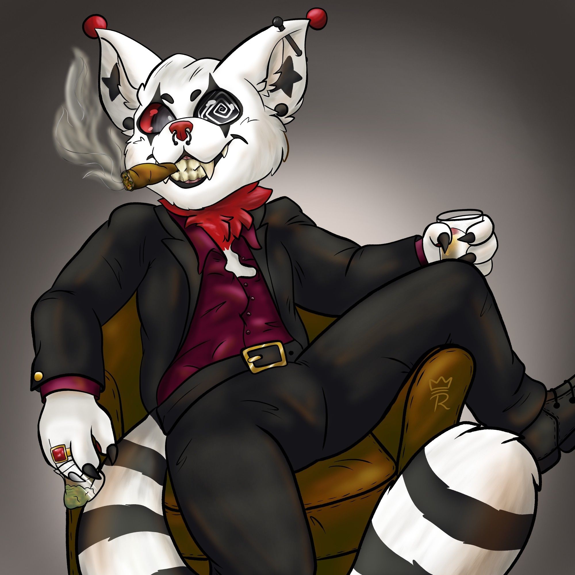 Fursona of my friend, a cat, sitting in a leather armchair. Holding a bevearage in his left and a pack of "catnip" in the other paw. He is smoking a "catnip" cigar. He is wearing an elegant tux.