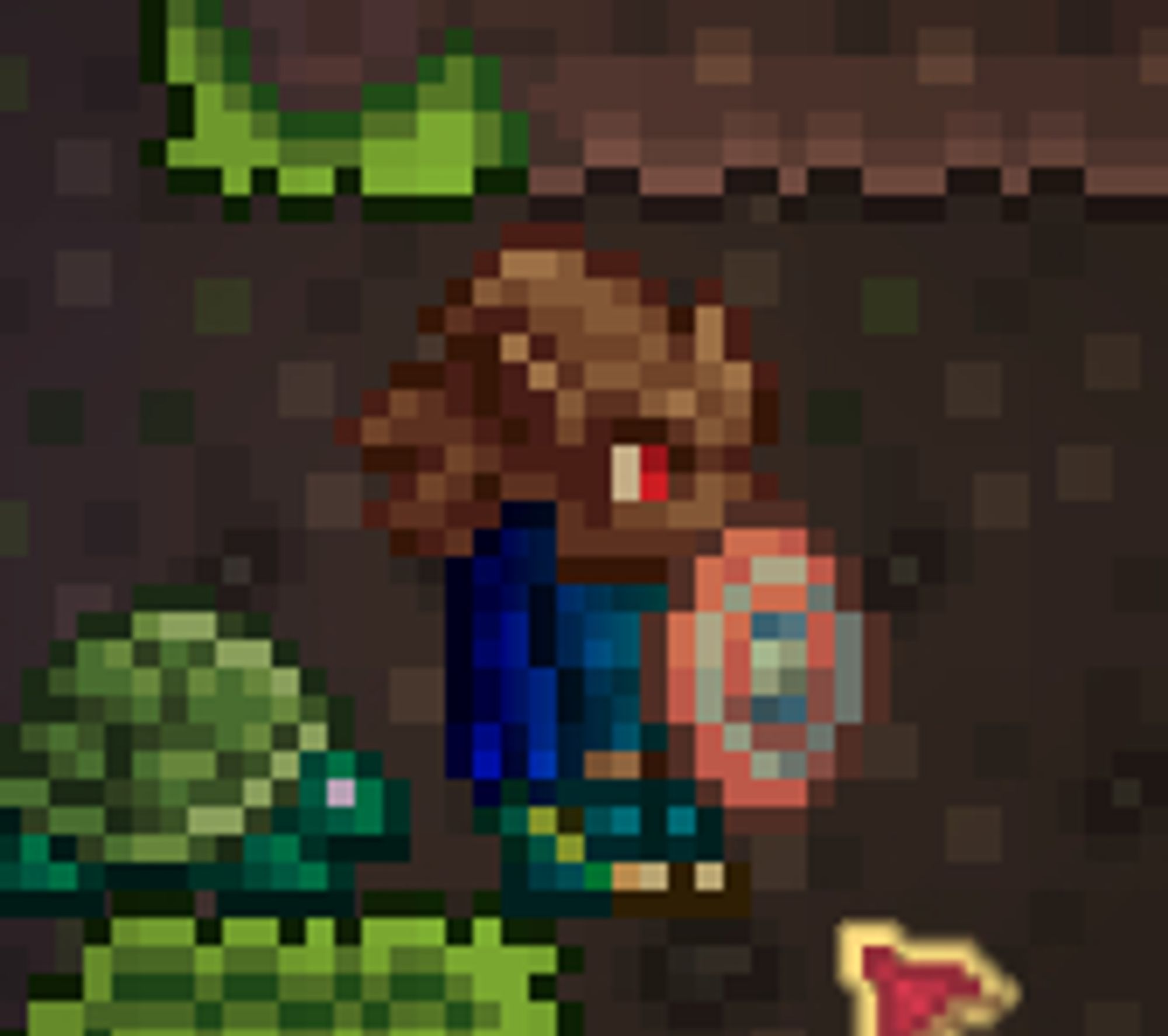 a pixel character with a brown werewolf head holding a Captain America-style shield