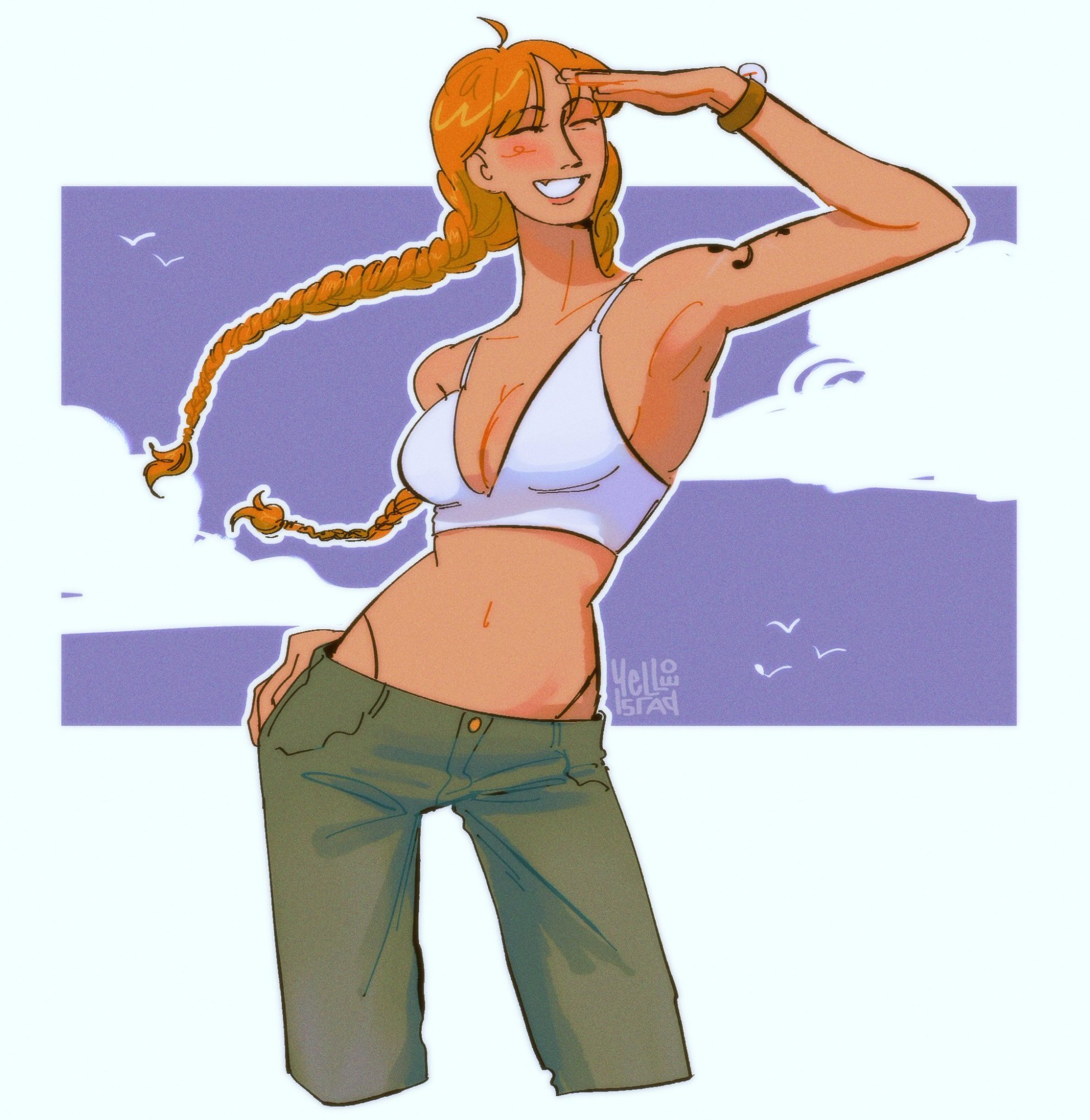 nami with long braids looking off into the distance with her hand above her eyes