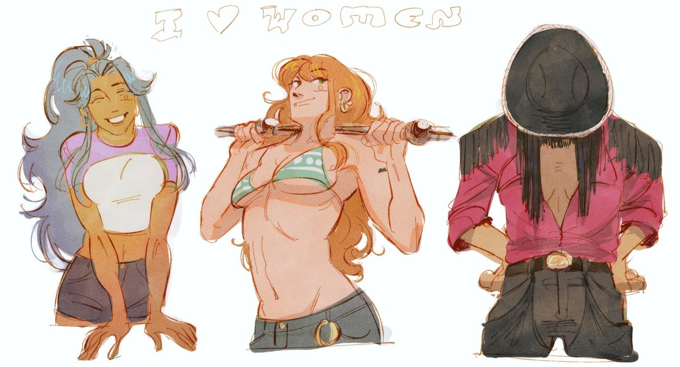 three half body drawings of vivi, nami and robin. vivi is smiling with her arms placed in front of her. nami is standing proudly with her climatact on her shoulders. robin is wearing a cowboy hat and looking down, hands on her hips