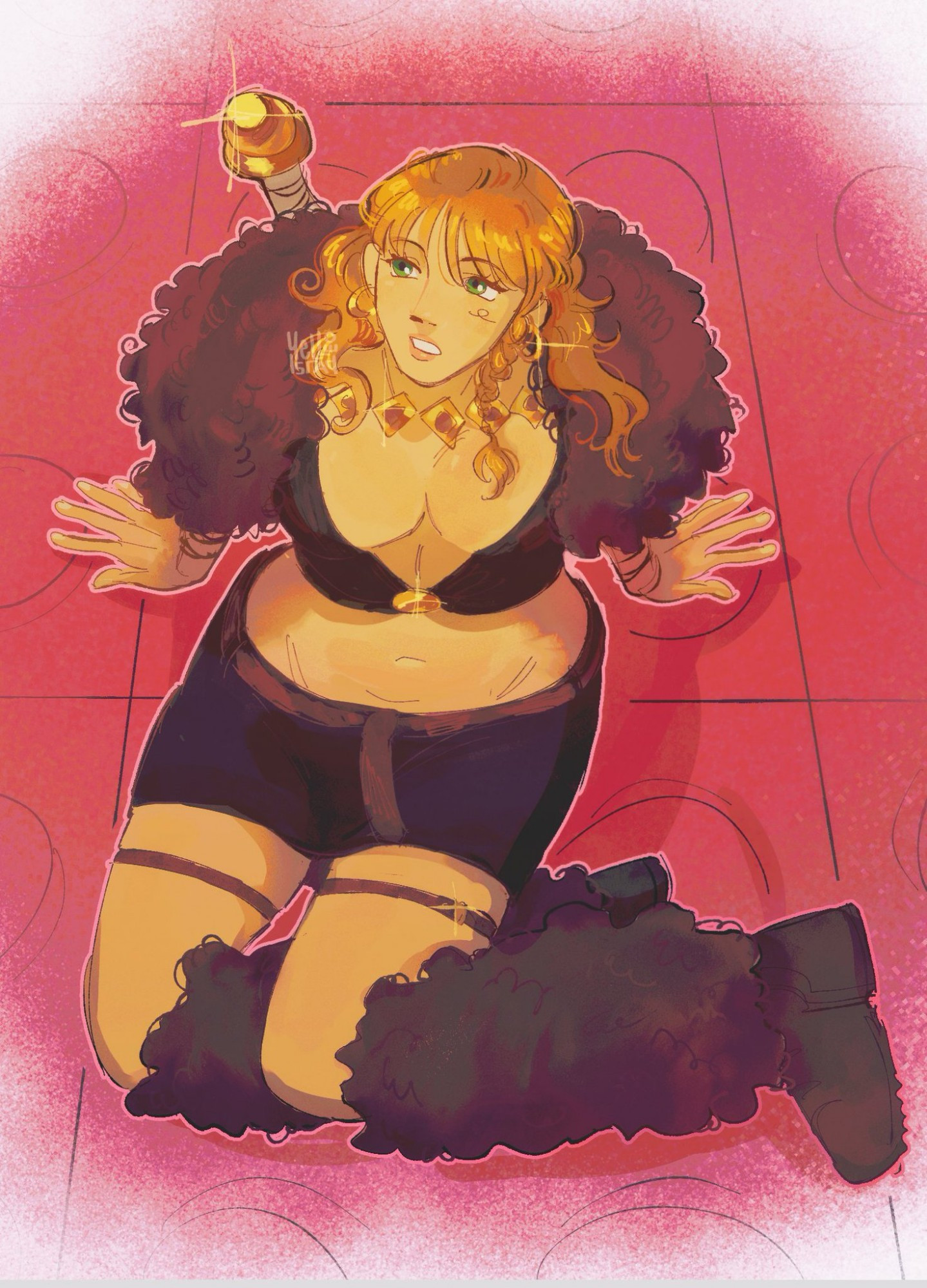 redraw of a panel from one piece manga, shes in a viking inspired outfit looking up from the floor that shes sitting on