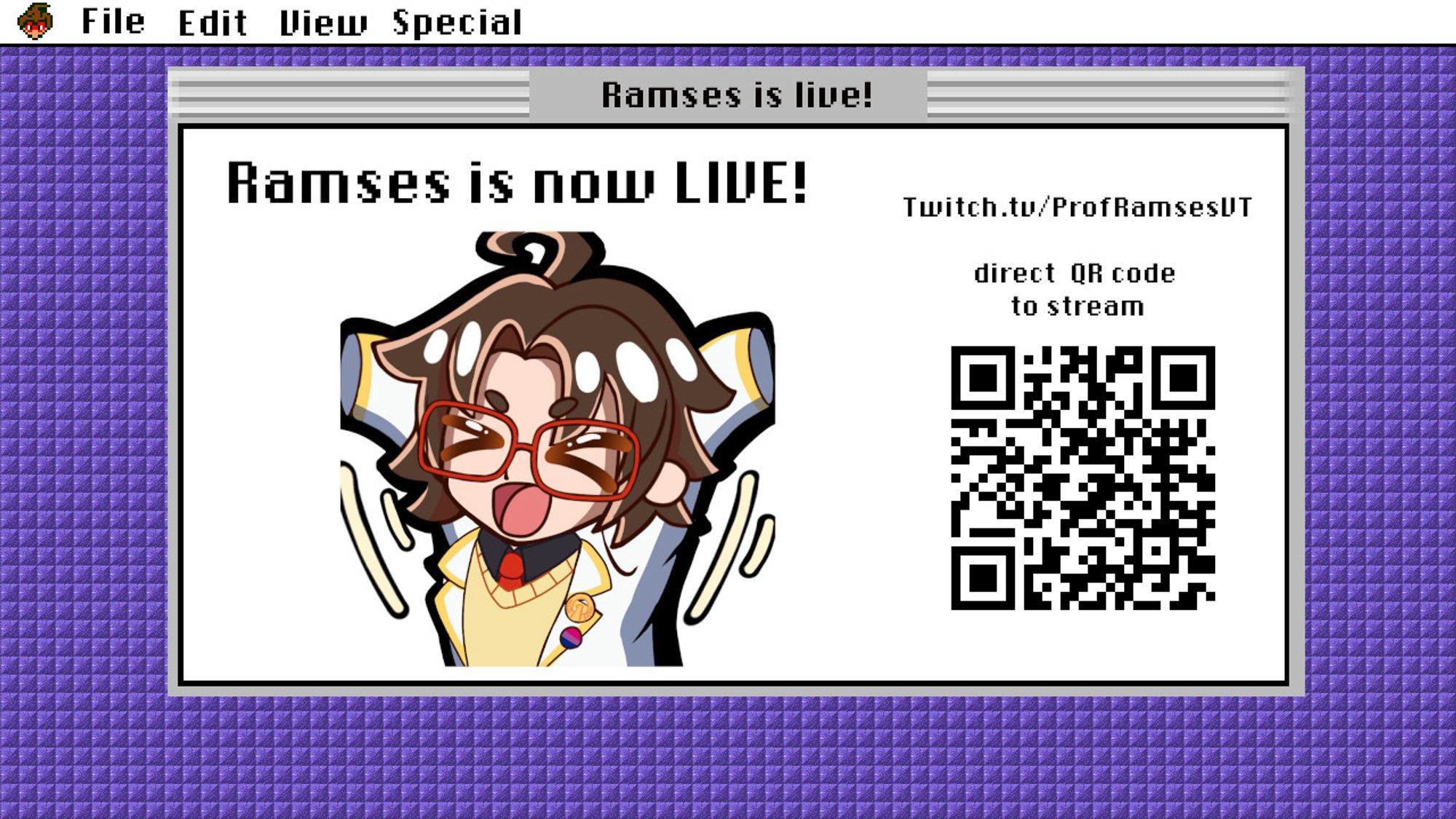 a picture of PNGtuber Ramses cheering with a QR code that leads you to twitch dot tv forward slash proframsesvt