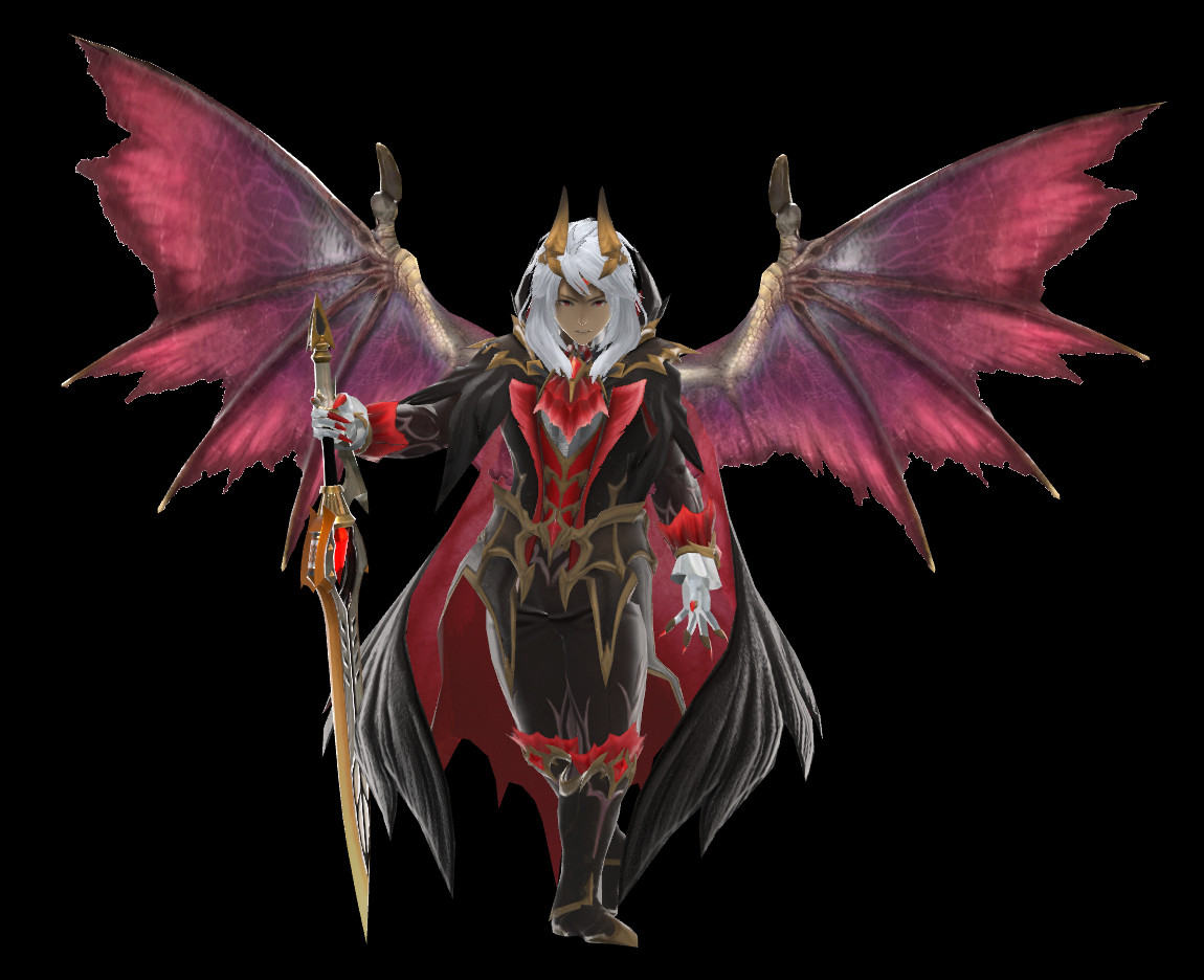 Male Corrin, in a victory pose. His right leg is crossed behind his left. His right arm holds his sword into the ground. Malzeno wings are spread open behind him as he glares towards the camera with his head tilted slightly downward.