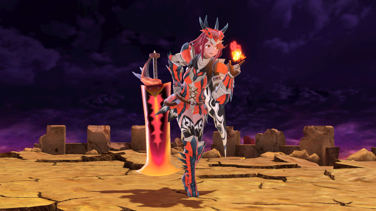 The character, Pyra, from Xenoblade 2, in a monster hunter costume, modded into the game. She is making an L shape with her hand, a small flame coming out of the same hand. She is leaning forward with her sword floating behind her.