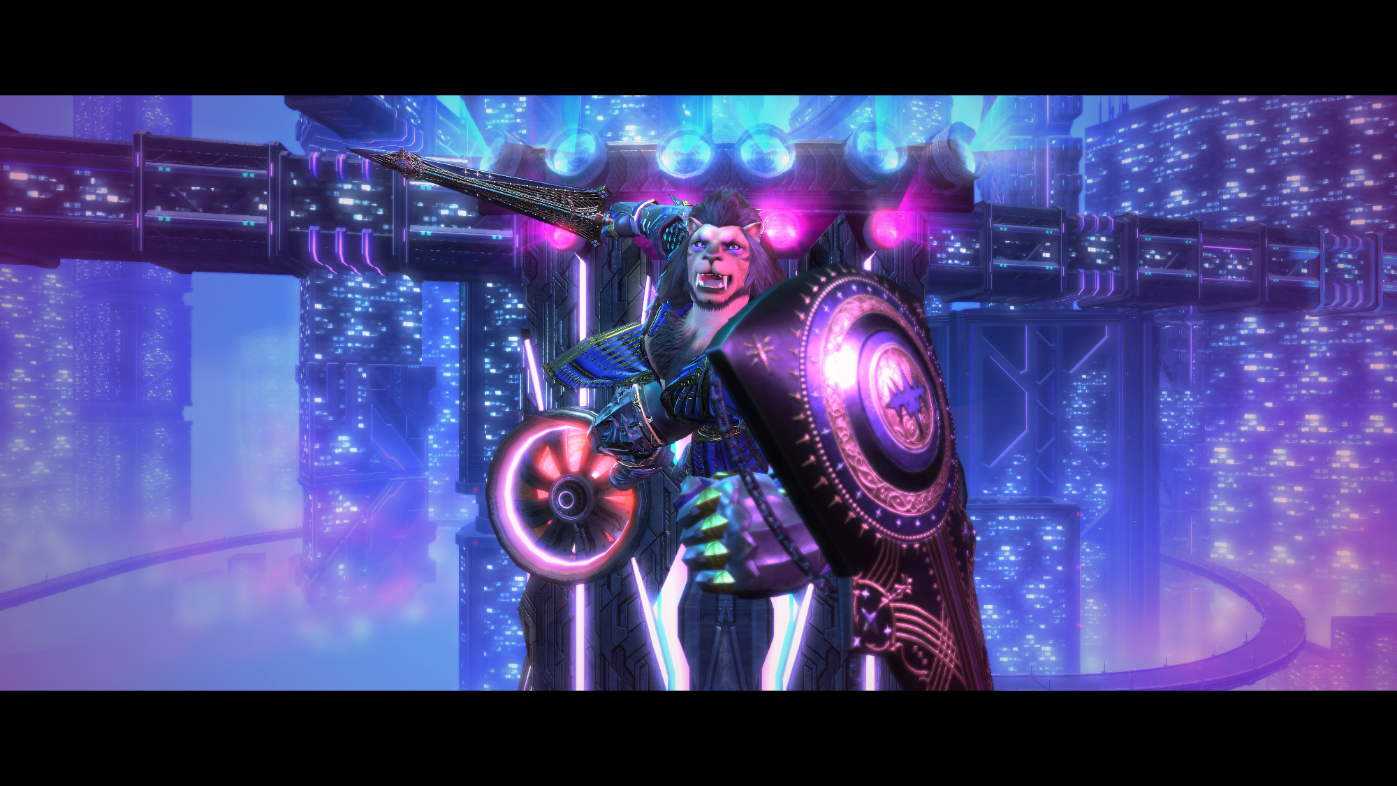 A perspective shot of a hrothgar, wielding a sword and shield in a charging pose mid-air. The backdrop is a neon-lit futuristic city.