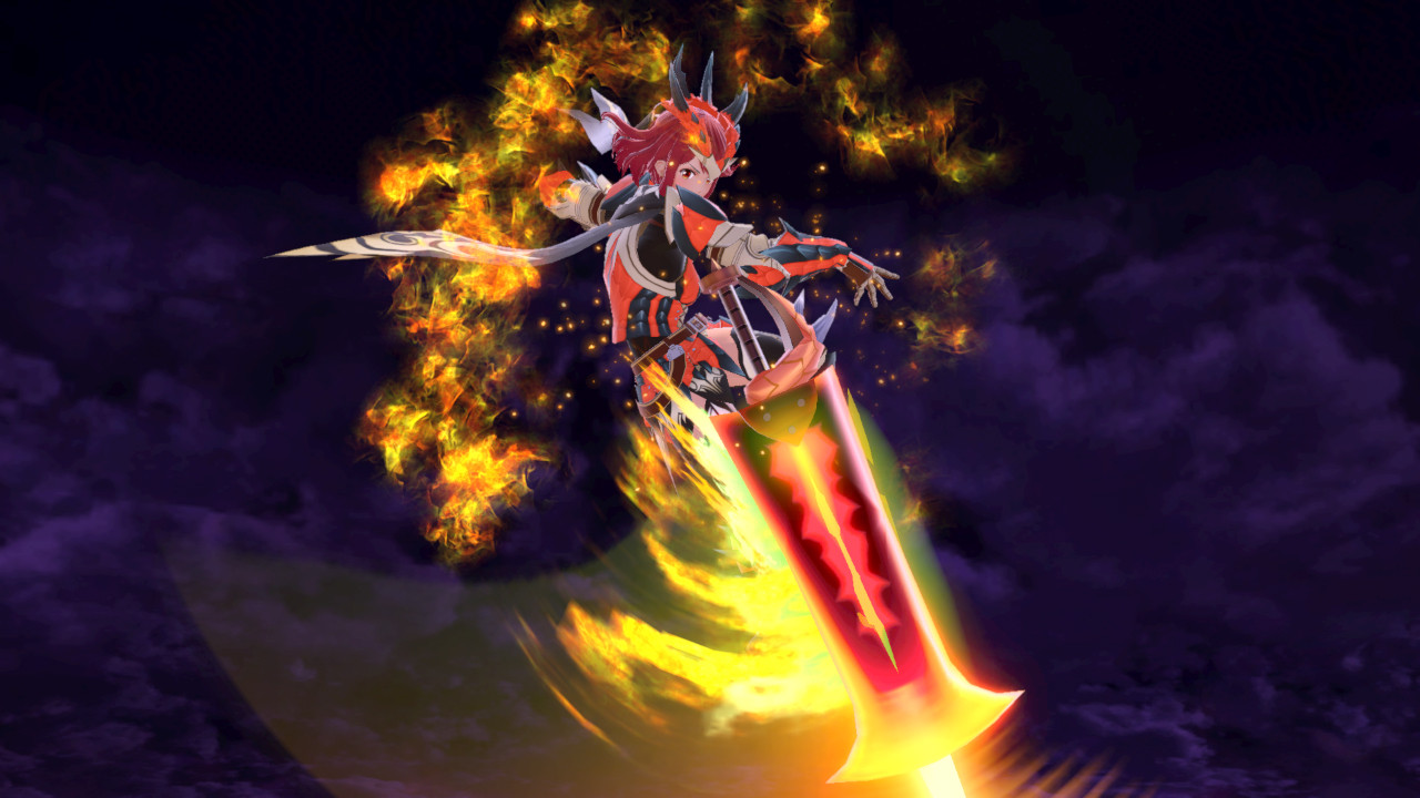 The character, Pyra, from Xenoblade 2, in a monster hunter costume, modded into the game. She is mid-air, and her sword is mid-spin in front of her.