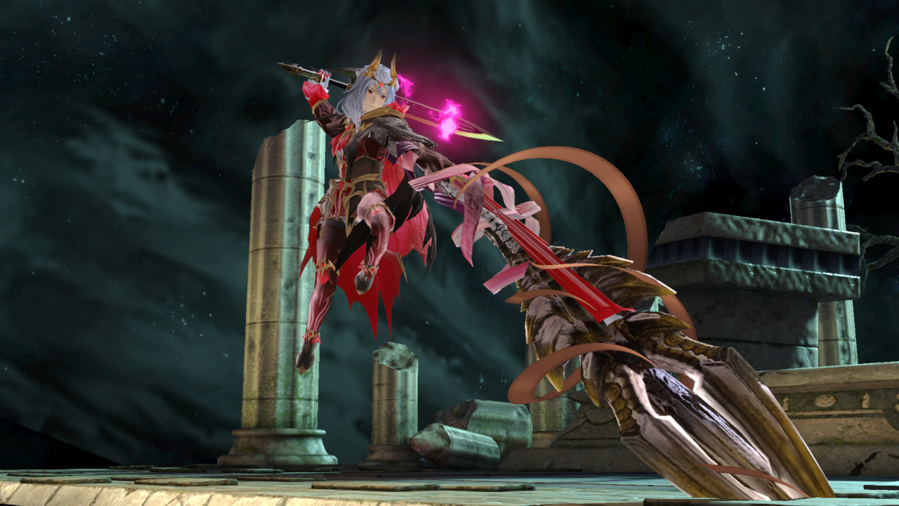 The female form of Corrin from Fire Emblem Fates. She is modified to wear the Formal Dragon outfit from Monster Hunter Rise: Sunbreak. Her left arm, transformed into a Malzeno tail, is impaled into the ground while she is hovering in juxtaposition to it with her right arm holding a Malzeno sword behind her head.