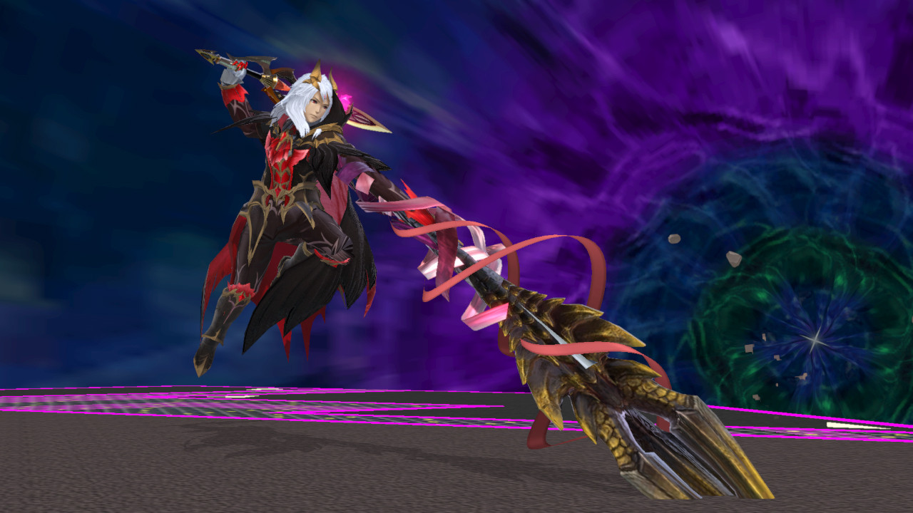 The male form of Corrin from Fire Emblem Fates. He is modified to wear the Formal Dragon outfit from Monster Hunter Rise: Sunbreak. His left arm, transformed into a Malzeno tail, is impaled into the ground while he is hovering in juxtaposition to it with his right arm holding a Malzeno sword behind his head.