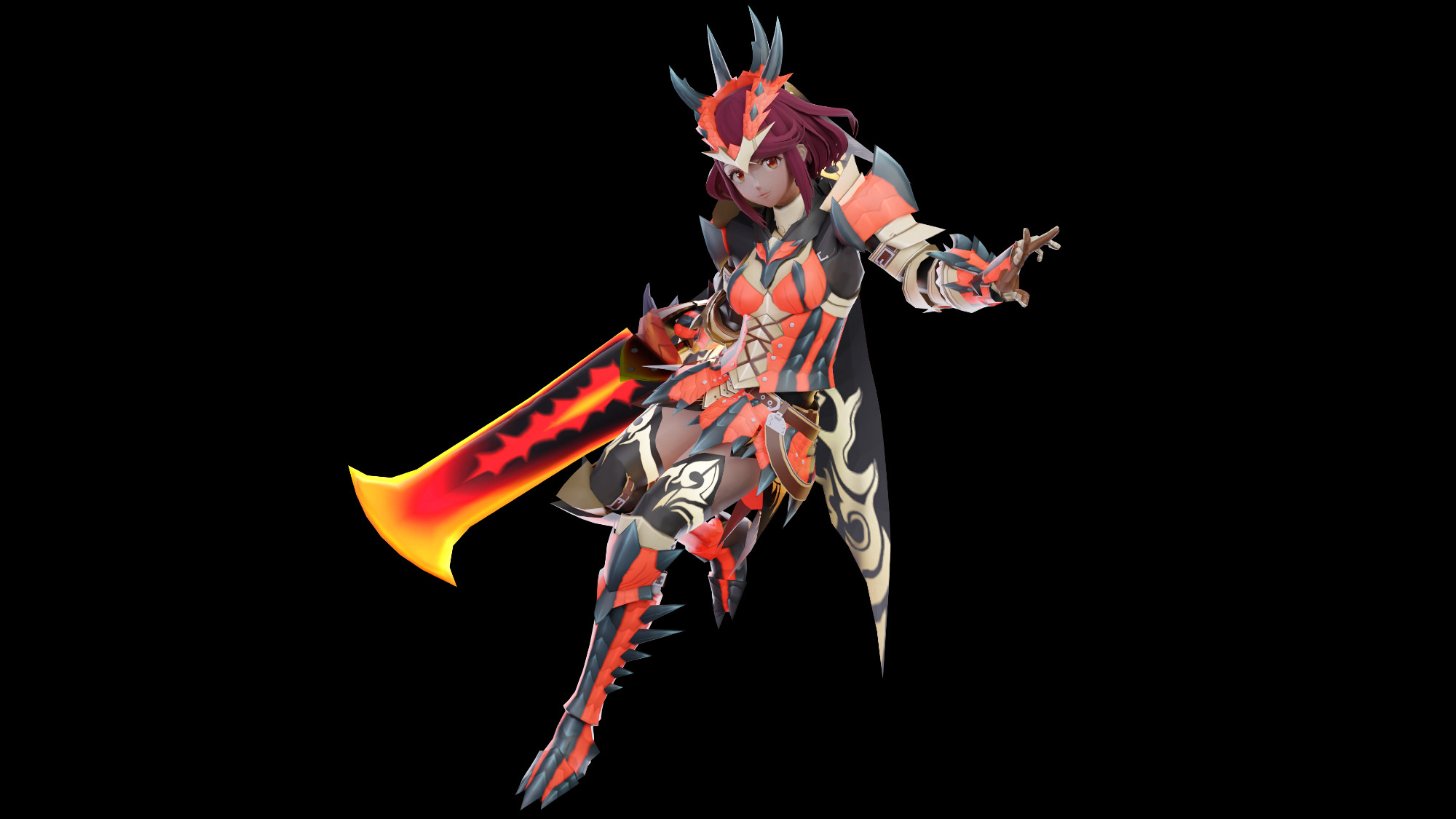 The character, Pyra, from Xenoblade 2, in a monster hunter costume, modded into the game. This is an action pose she takes in the official render of the game.