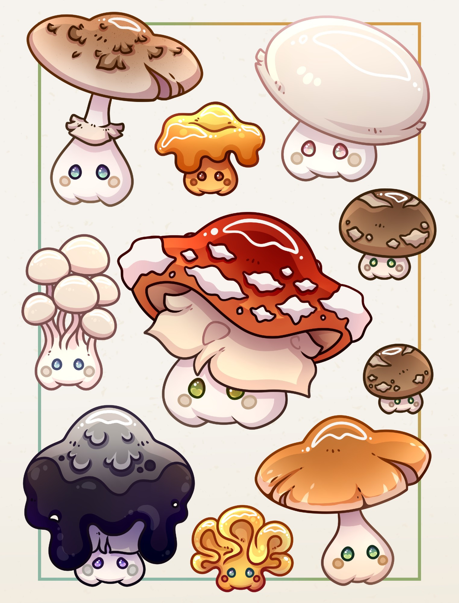 A series of cute mushroom-themed sprites! They're inspired by the parasol mushroom, chanterelle, meadow mushroom, enoki, fly agaric, shiitake, inky cap, witch's butter, and fairy ring mushrooms!