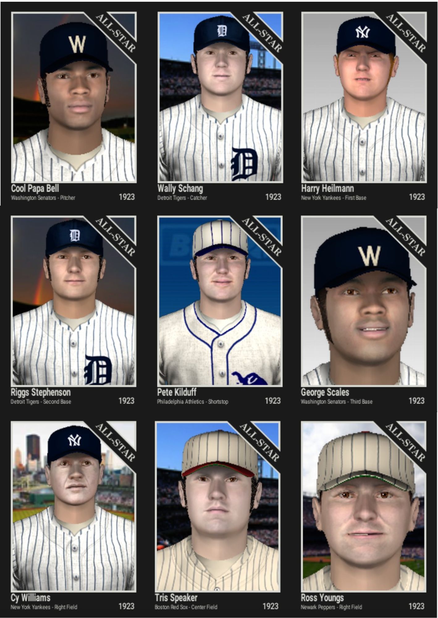 A collage of 9 fictional baseball cards with Cool Papa Bell (Senators P);  Wally Schang (Tigers C); Harry Heilmann (Yankees 1B); Riggs Stephenson (Tigers 2B); Pete Kilduff (Athletics SS); George Scales (Senators 3B); Cy Williams (Yankees LF); Tris Speaker (Red Sox CF); and Ross Youngs (Newark Peppers RF).