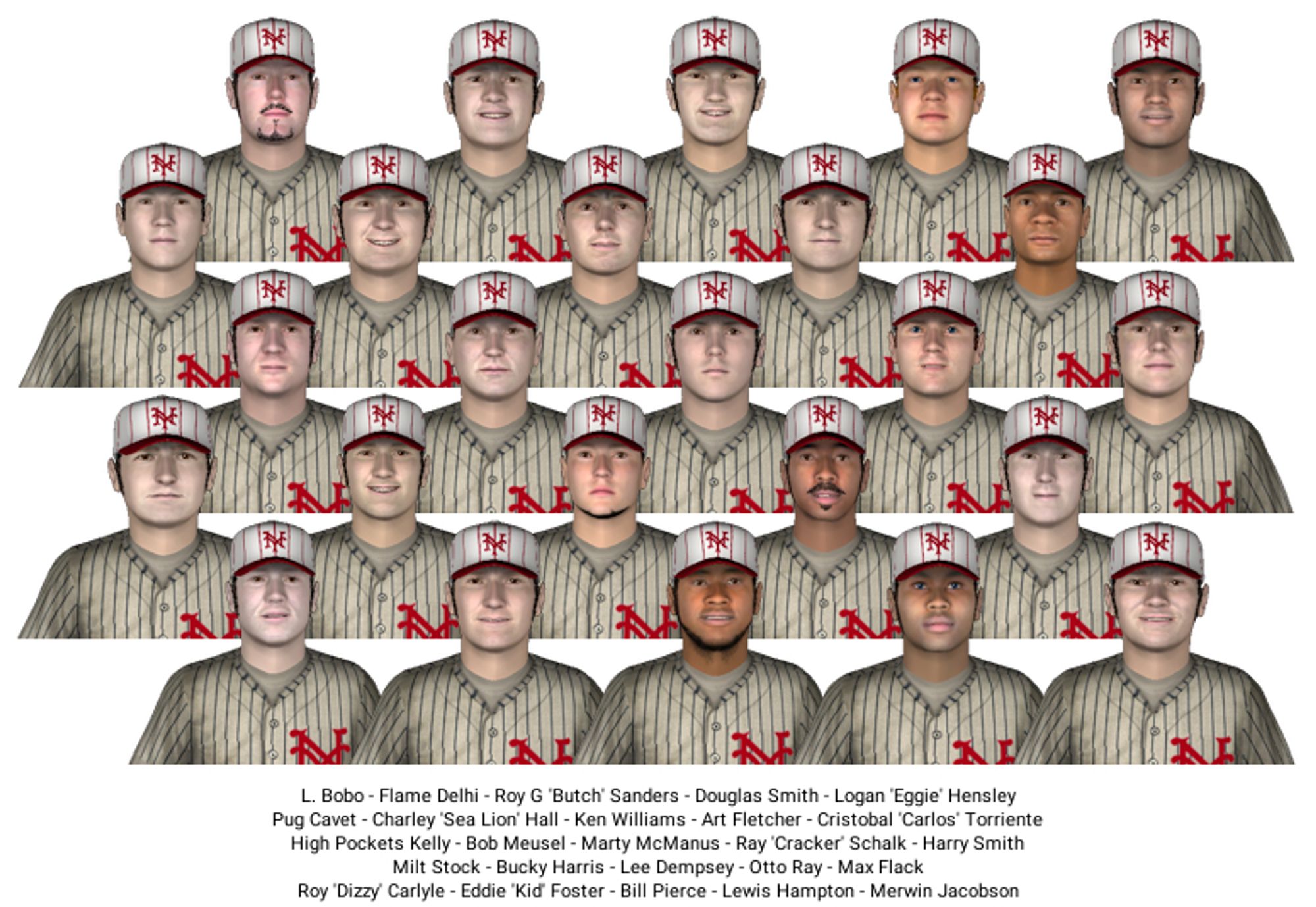 Team picture for the 1923 New York Giants in the baseball simulation I'm playing. They have white pinstriped caps with an interlocking NY on them and white, pinstriped jerseys with an interlocking red NY where their hearts are traditionally placed.