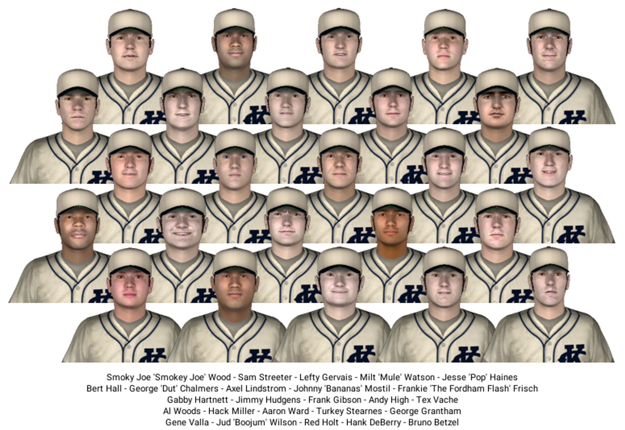 Team picture for the 1923 Kansas City Packers, in the baseball simulation I'm playing. They have white caps and white jerseys with piping on their collars and an interlocking KC where their hearts are traditionally placed.