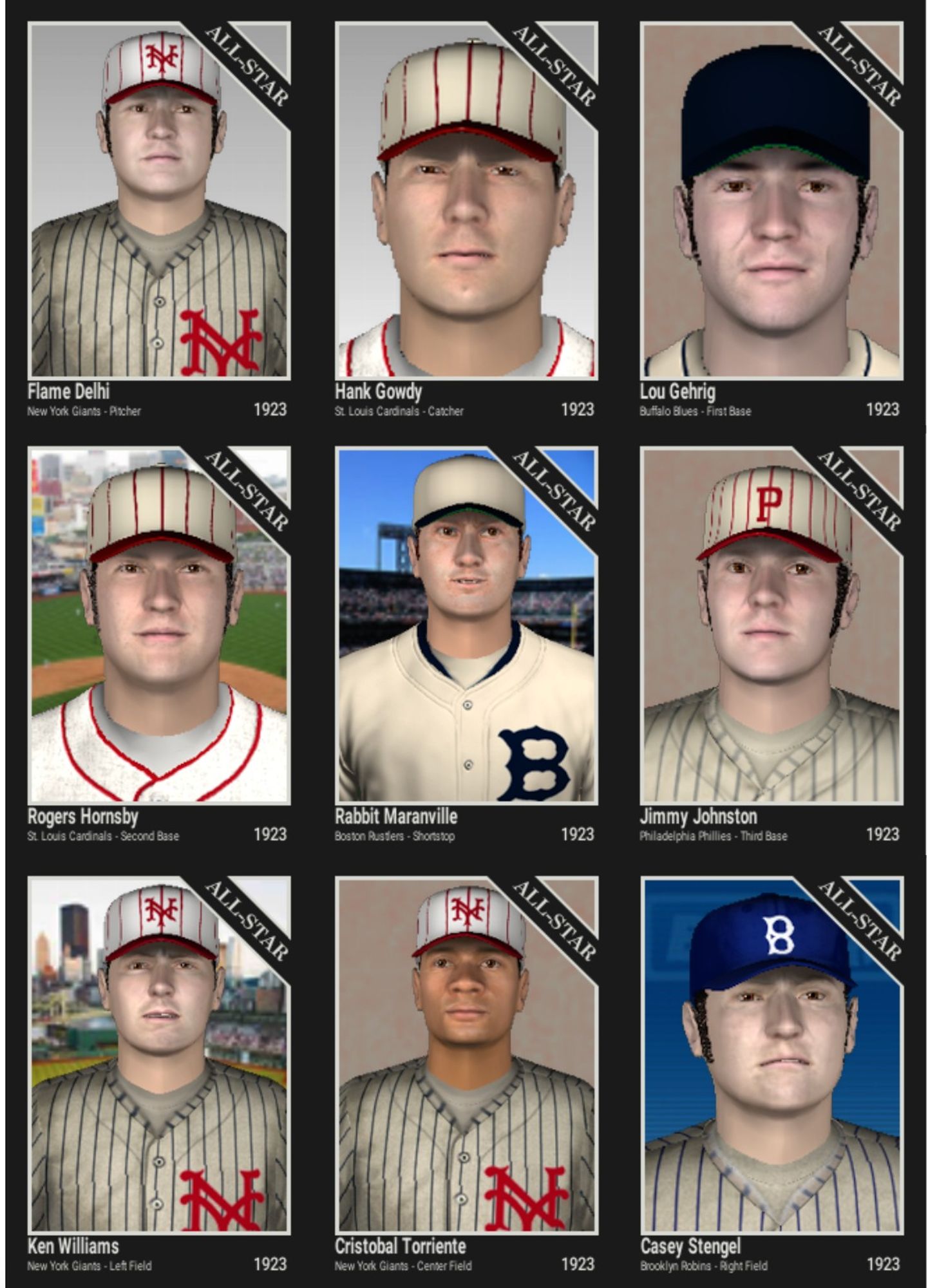 A collage of 9 fictional baseball cards with Flame Delhi (Giants P);  Hank Gowdy (Cardinals C); Lou Gehrig (Buffalo Blues 1B); Rogers Hornsby (Cardinals 2B); Rabbit Maranville (Boston Rustlers SS); Jimmy Johnston (Phillies 3B); Ken Williams (Giants LF); Cristobal Torriente (Giants CF); and Casey Stengel (Brooklyn Robins RF).