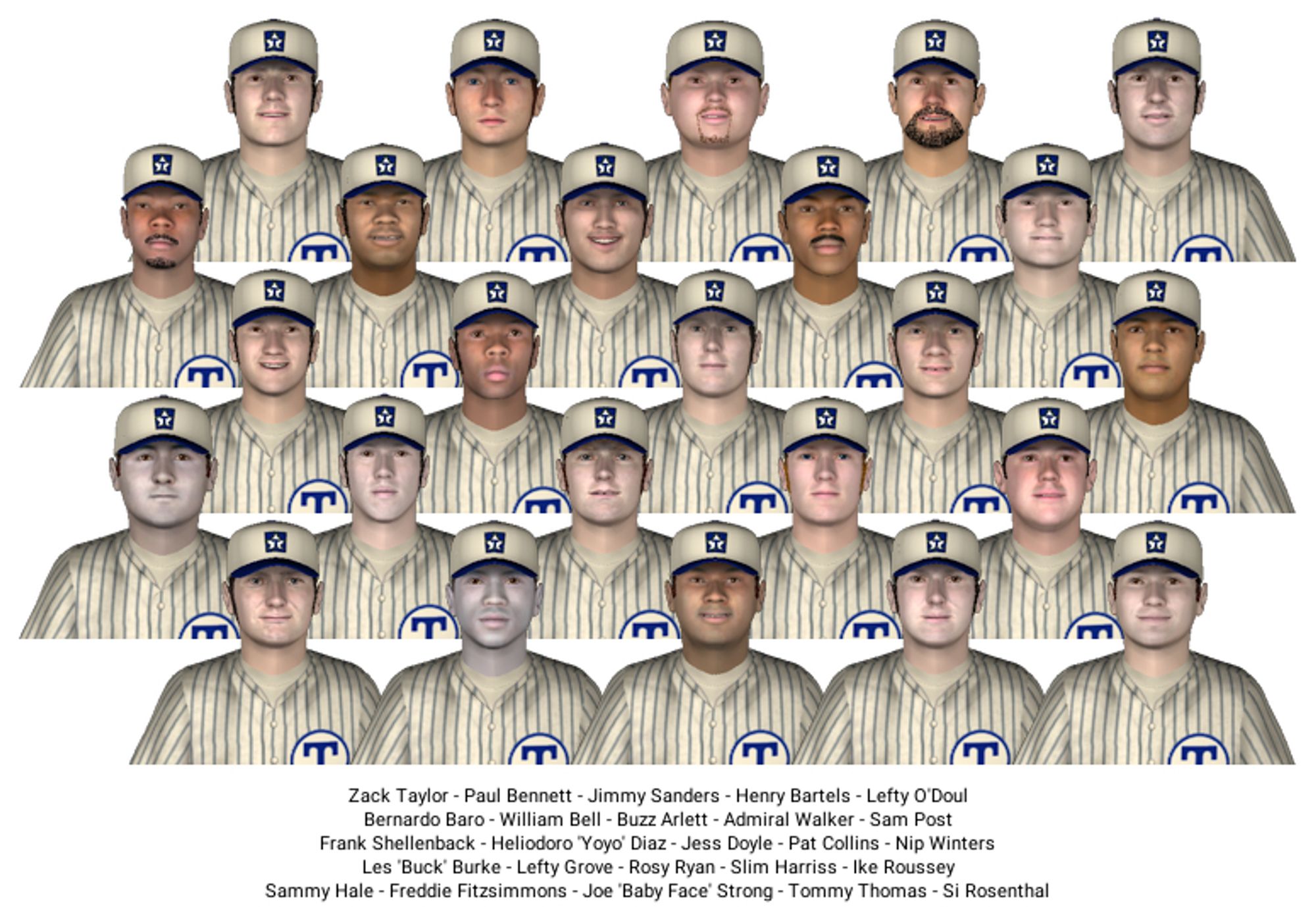 Team picture for the 1923 Toronto Maple Leafs, the Yankees AAA farm team in the International League in the simulation I'm playing. They wear white caps with a blue maple leaf design, and white pinstriped jerseys with a T in a circle on their chests.