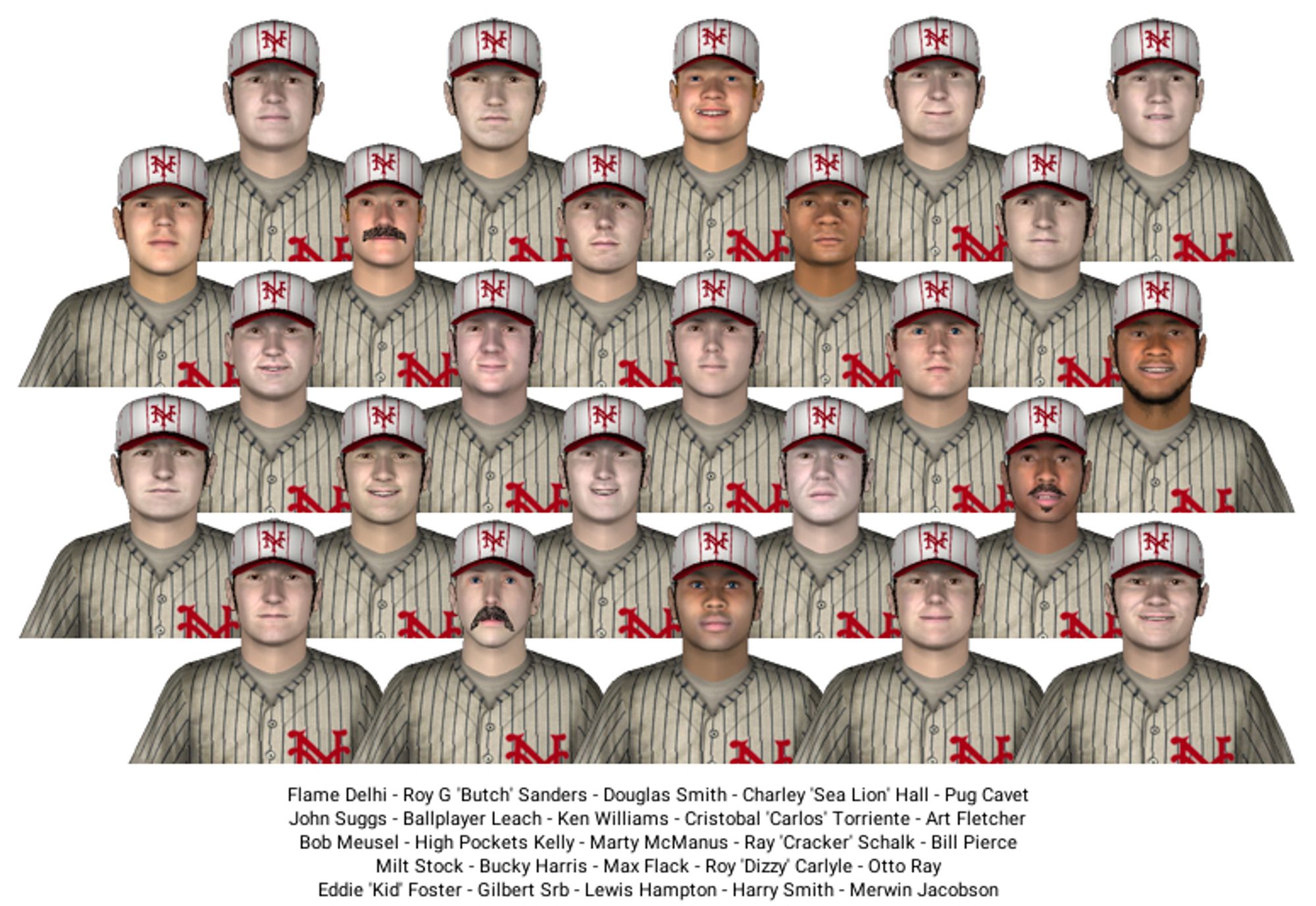 Team picrture of the (fictional) 1923 New York Giants. They wear a cream-colored jersey with pinstripes and a red interlocking NY over their hearts. Their hats have a similar scheme. Team members include Cristóbal Torriente, Ken Williams, Bob Meusel, and Flame Delhi.