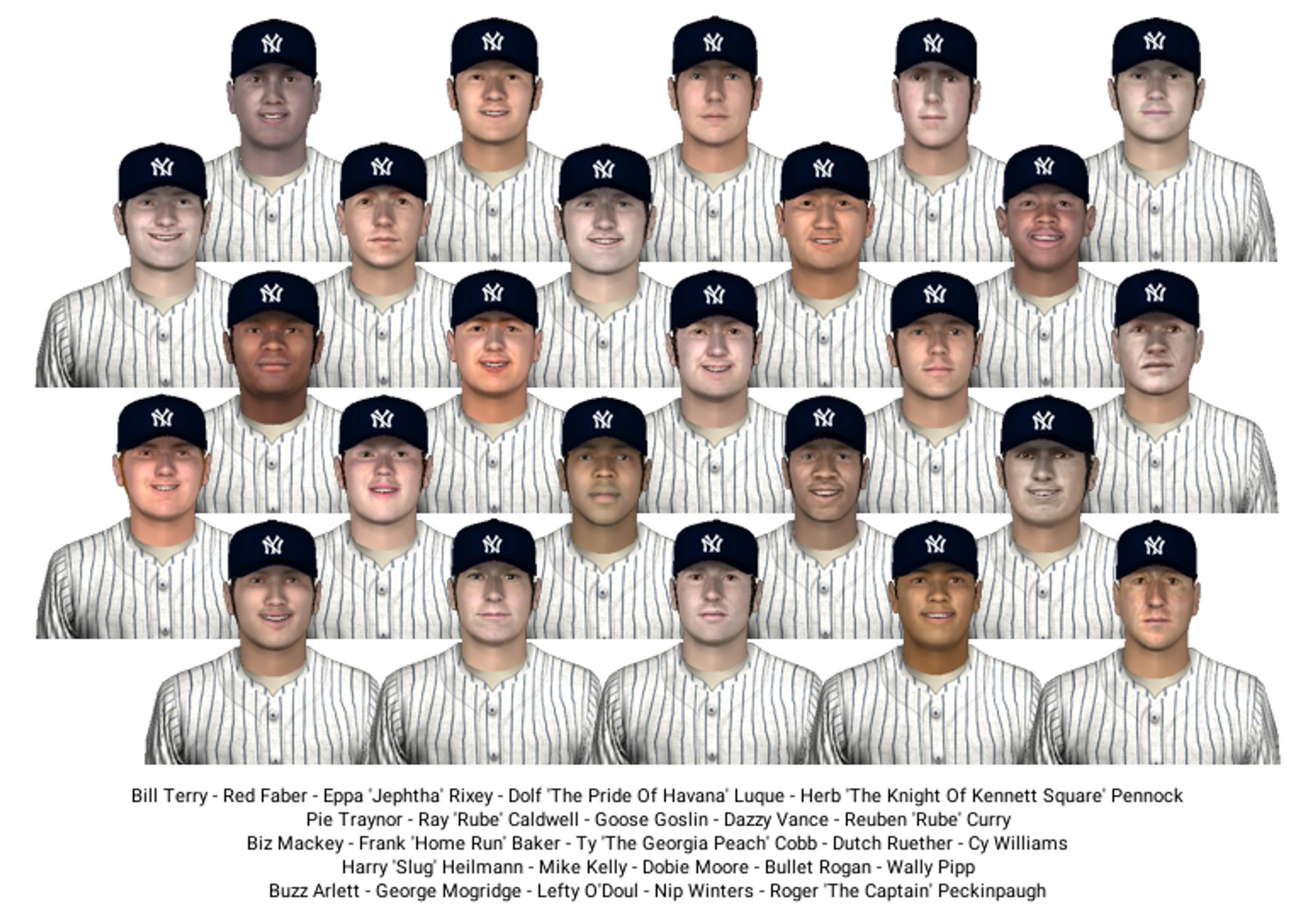 Team picture of the (fictional) 1923 Yankees from the simulation being played, wearing white jerseys with pinstripes (but no NY logo) and dark blue hats with an interlocking NY. Team members include Ty Cobb, Harry Heilmann, Bullet Rogan, Dobie Moore, and Dazzy Vance.