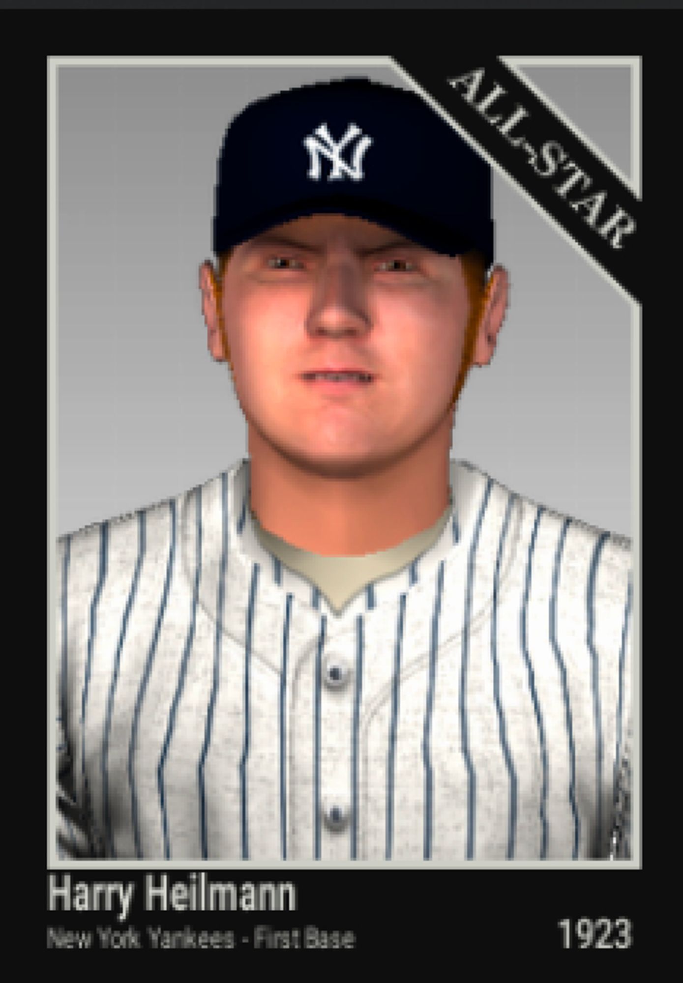 Harry Heilmann as depicted on a fictional baseball card from 1923, in a Yankees uniform.