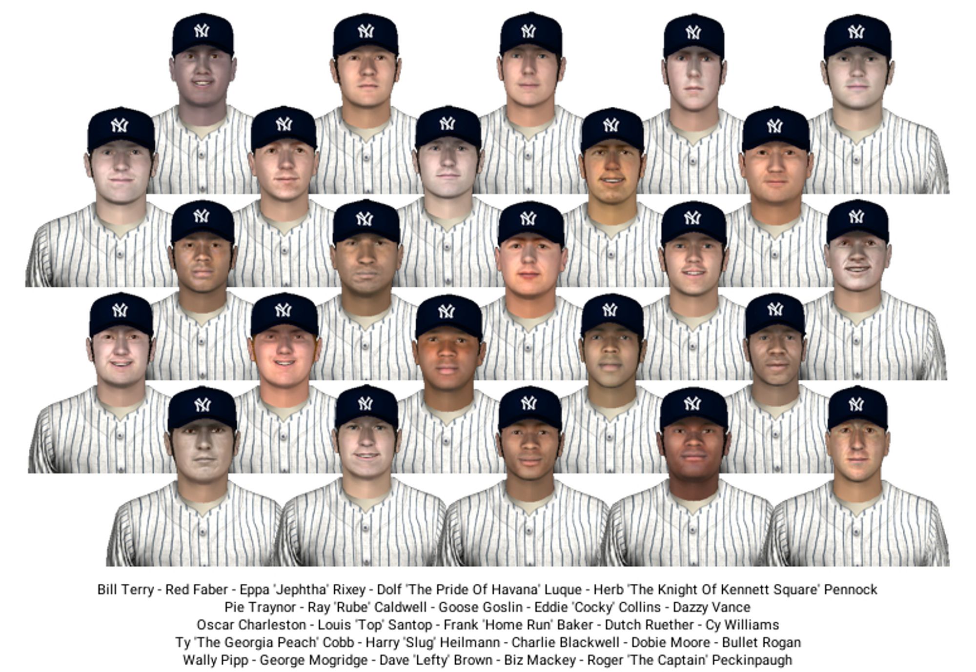 Team picture for the 1923 New York Yankees in the baseball simulation I'm playing. They have dark blue caps with an interlocking NY on them, and white pinstriped tops.