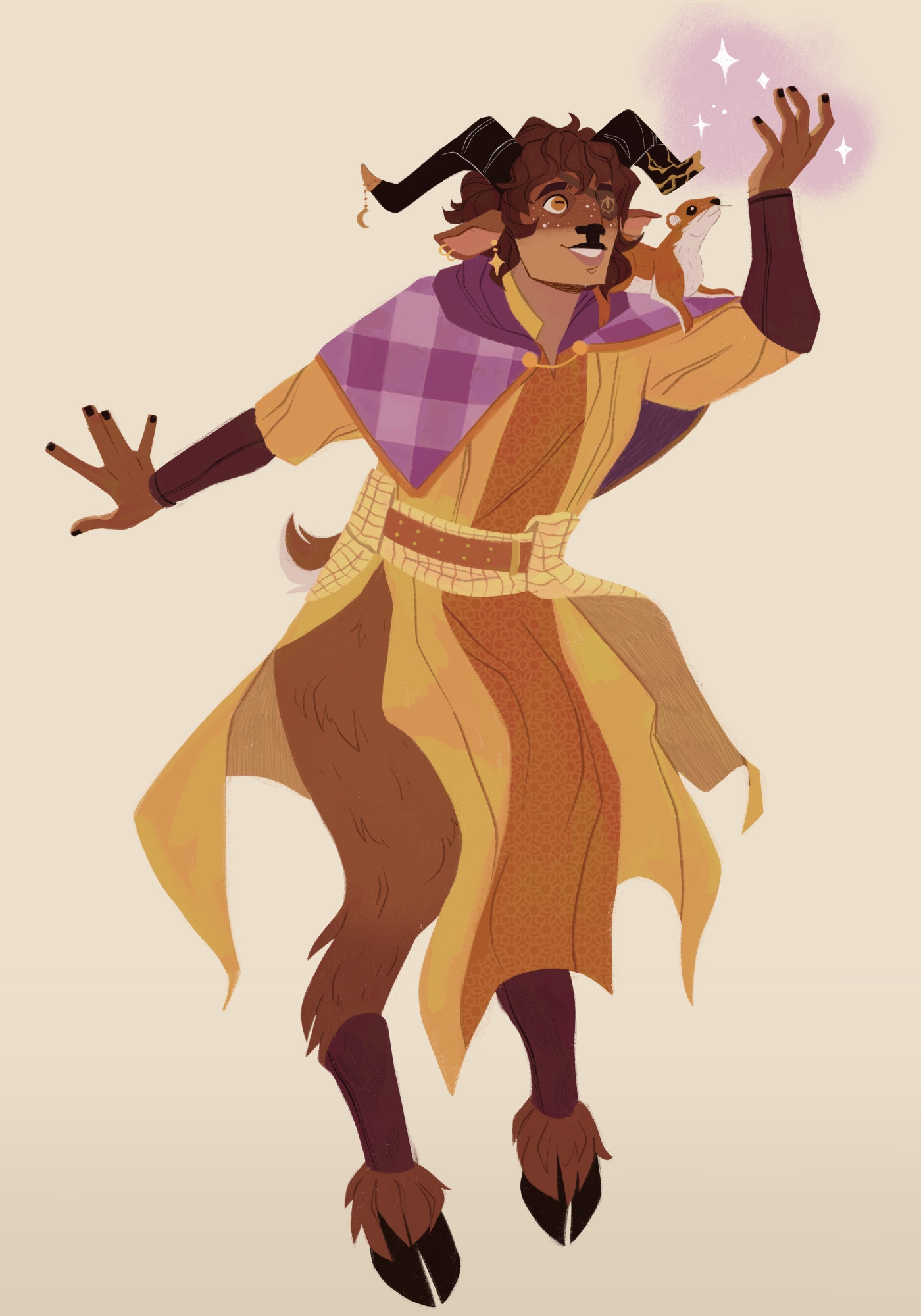 A digitial illustration of a full body character. Sidereal is a satyr of warm brown fur and long, grey-black horns. He wears yellow and orange flowing robes, and a harlequin-inspired checkered halfcape coloured in different shades of purple. He lifts his left hand and looks at the magic he conjures with it in wonder. He has a orange-brown ferret companion on his shoulder.