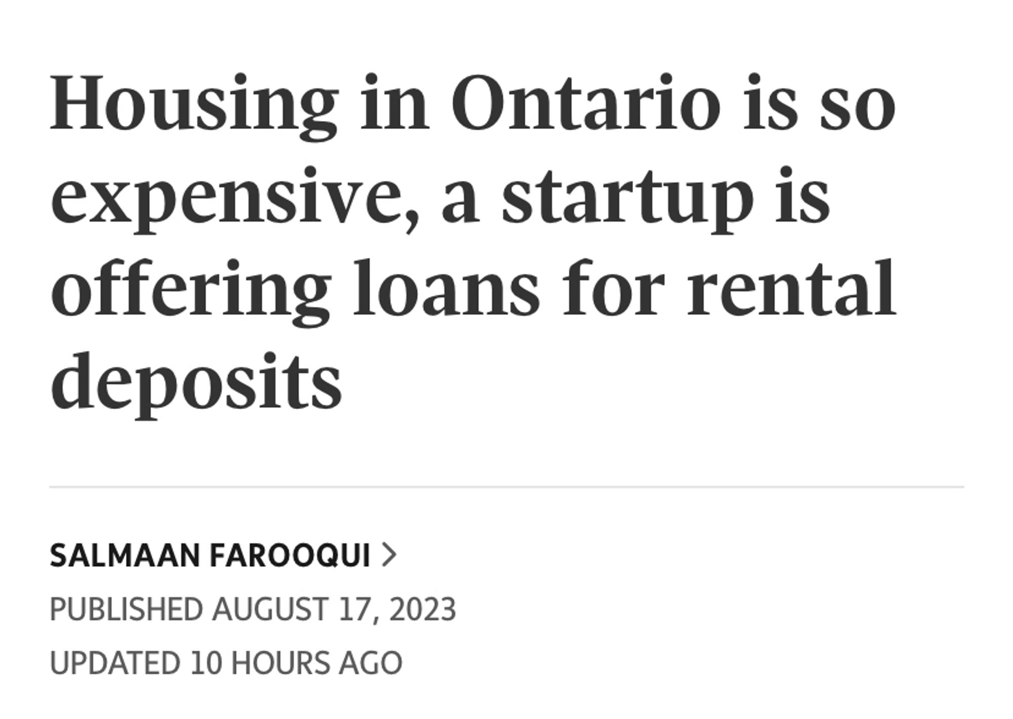 Headline: Housing in Ontario is so expensive, a startup is offering loans for rental deposits