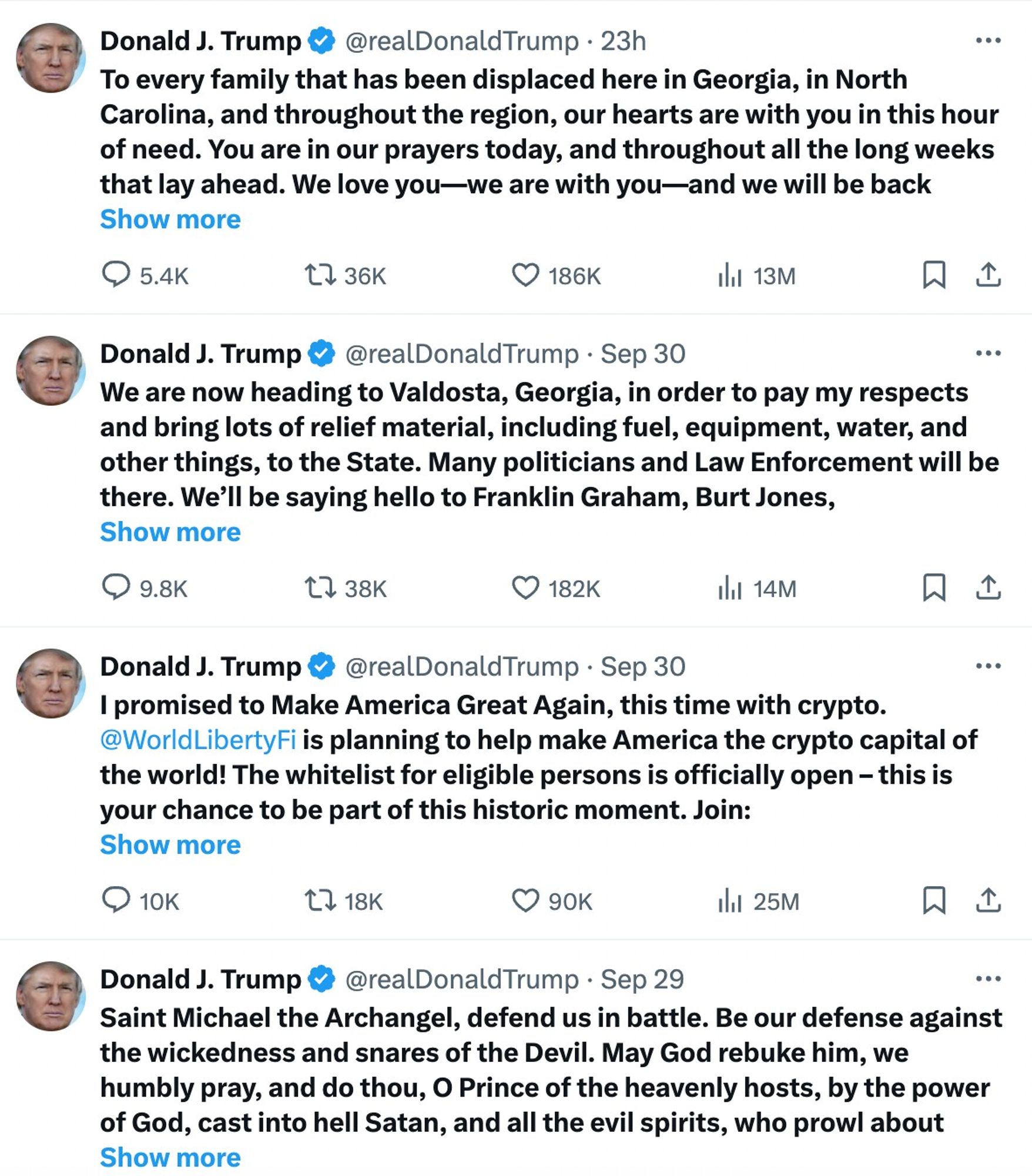 Trump posts several tweets in all-bold font.